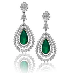 Diana M. Pear Shape 19.21 Carat Emerald and Round Diamond Earrings