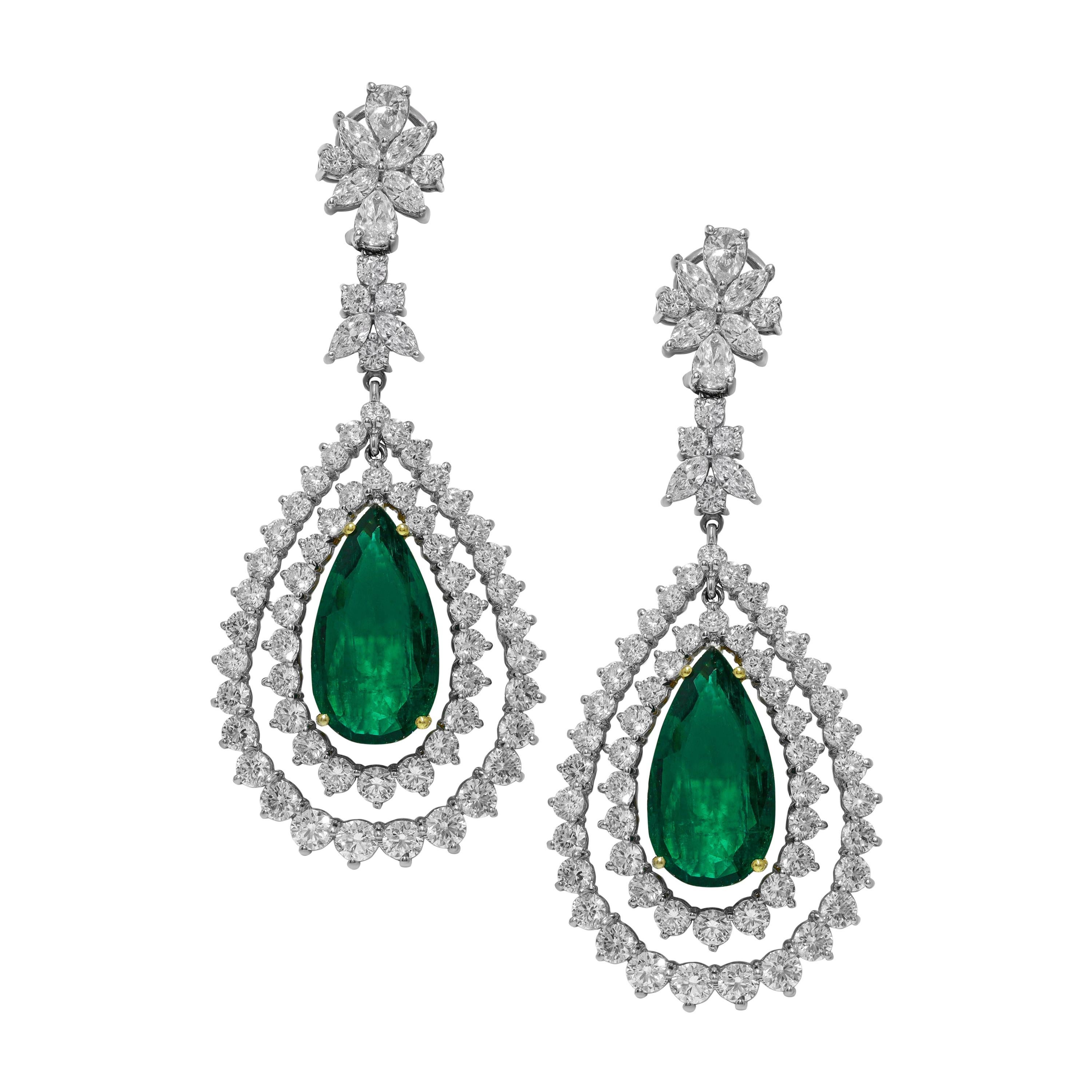 Diana M. Pear Shape 19.21 Carat Emerald and Round Diamond Earrings For Sale