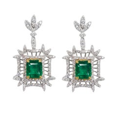 Fancy Emerald Earrings Dangle 18k White Gold 3.47 CT