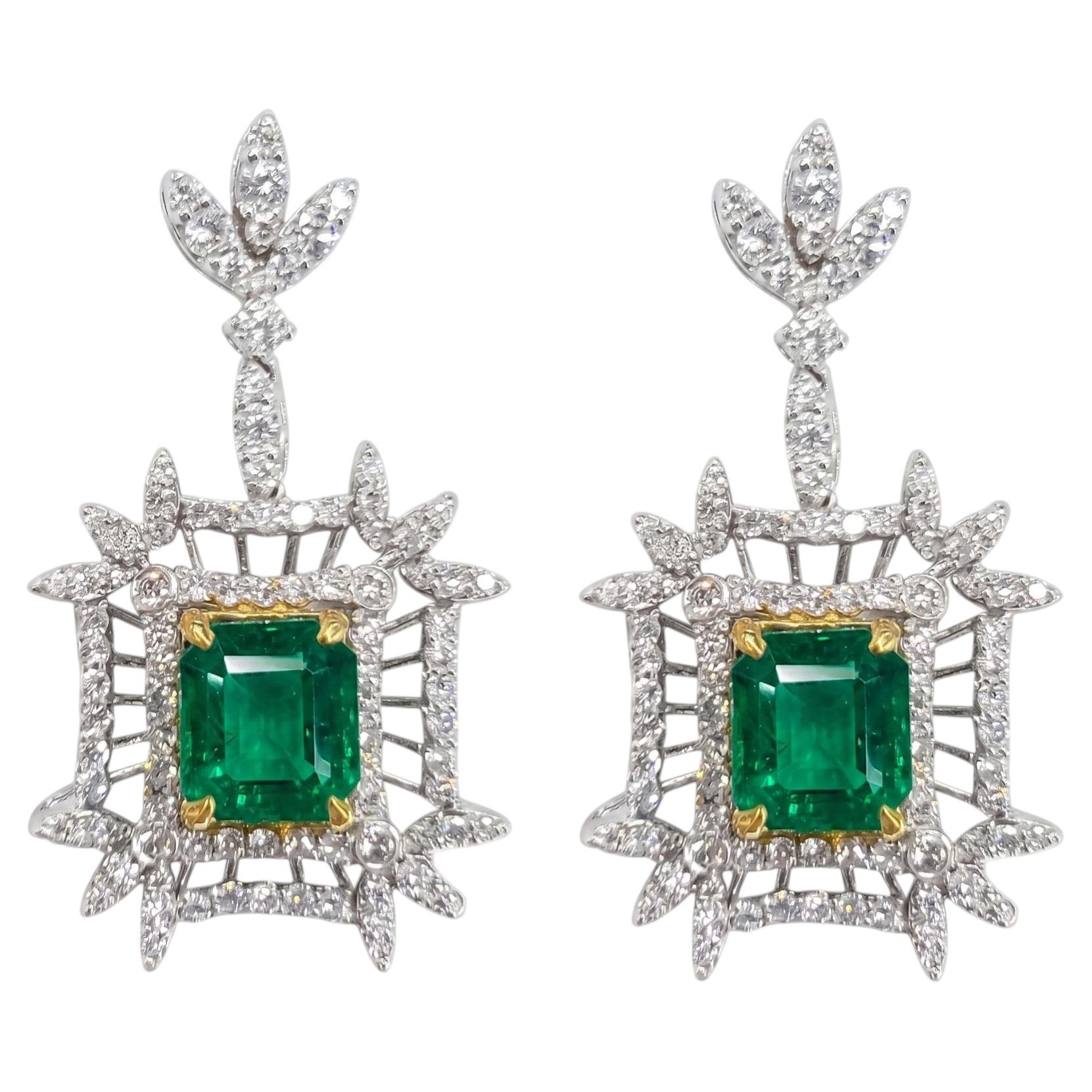 Fancy Emerald Earrings Dangle 18k White Gold 3.47 CT For Sale
