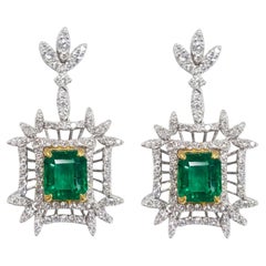 Fancy Emerald Earrings Dangle 18k White Gold 3.47 CT