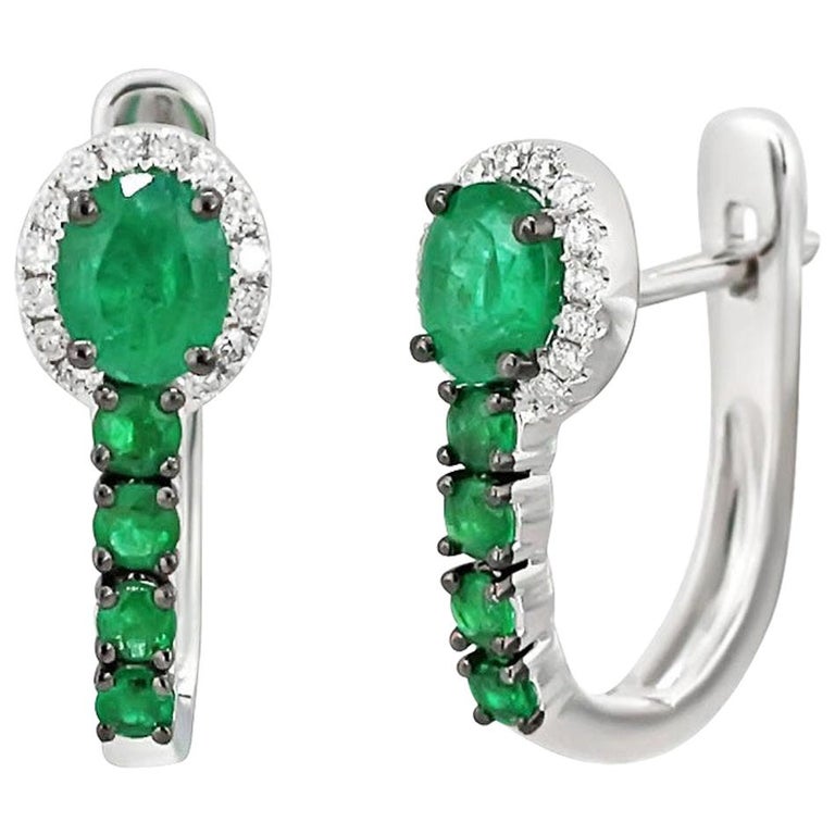 Fancy Emerald White Diamond White Gold Lever-Back Earrings For Sale