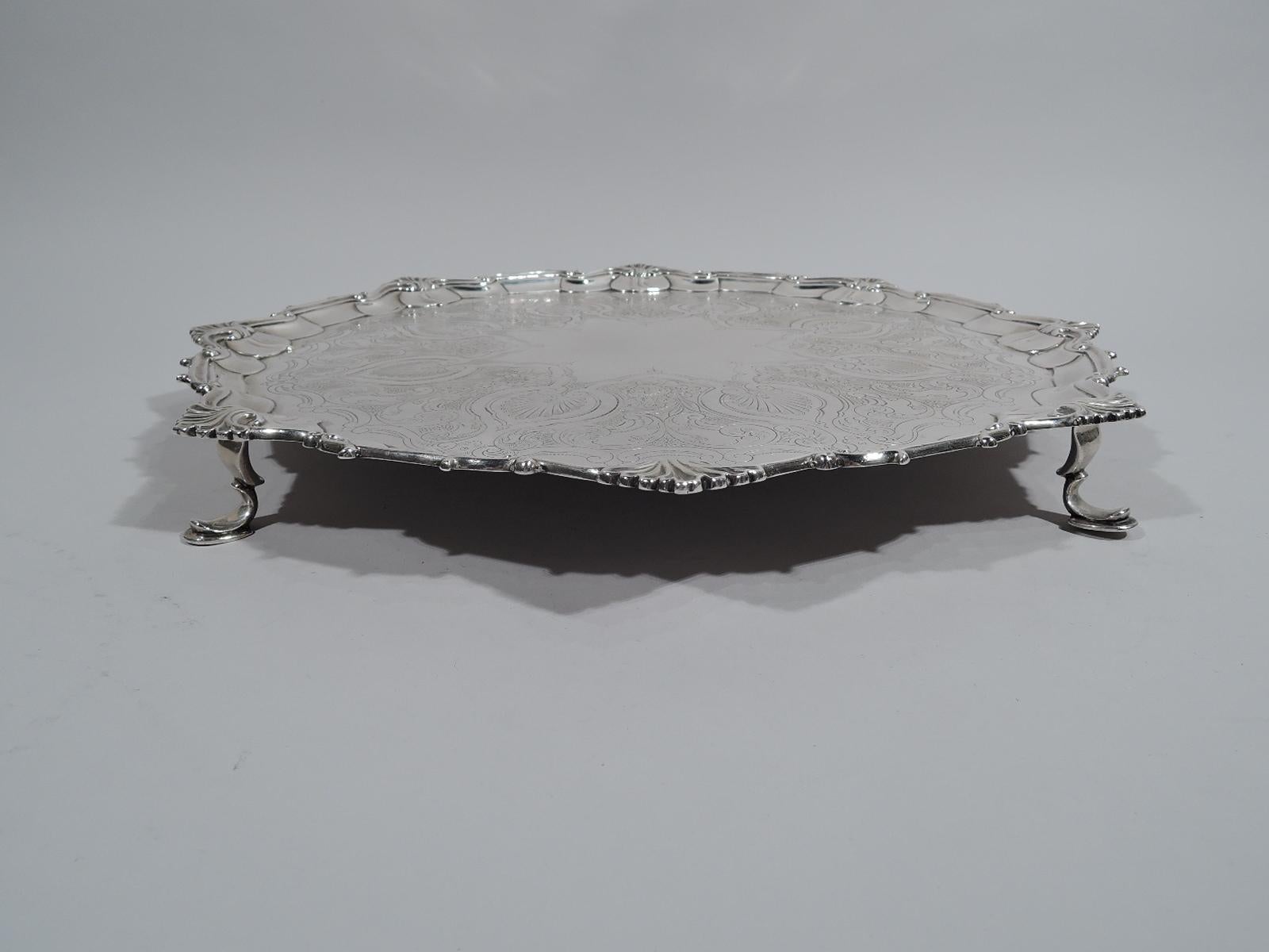 Fancy English Victorian Georgian Sterling Silver Salver Tray In Excellent Condition In New York, NY