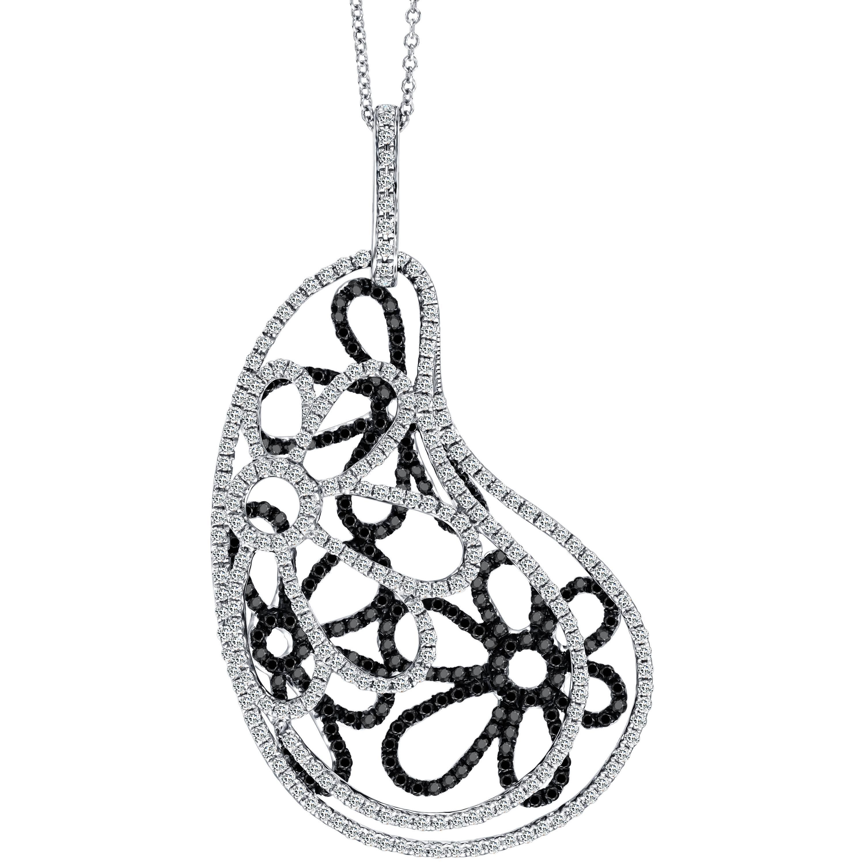 Fancy floral pendant in 18k white gold with 1.81 carat black and white diamonds