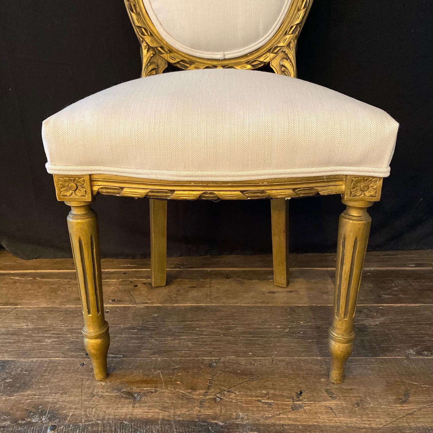Upholstery Fancy French Louis XVI Style Carved & Painted Bergere Giltwood Chairs  For Sale