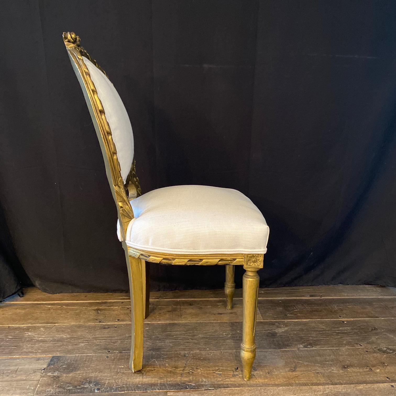 Fancy French Louis XVI Style Carved & Painted Bergere Giltwood Chairs  For Sale 3