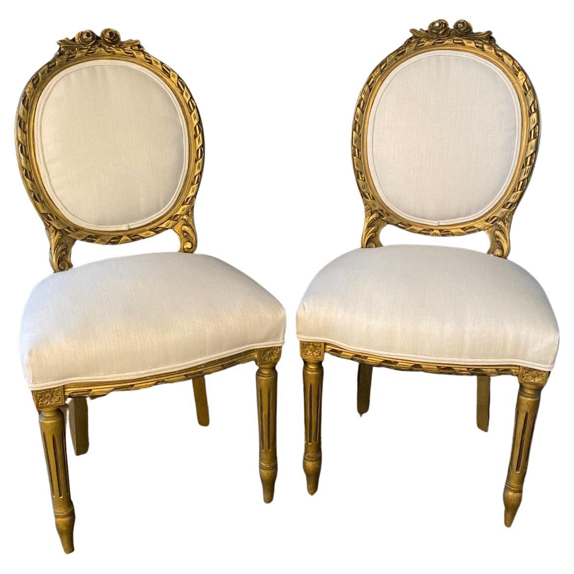 Fancy French Louis XVI Style Carved & Painted Bergere Giltwood Chairs  For Sale