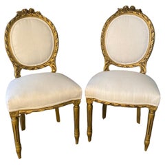 Antique Fancy French Louis XVI Style Carved & Painted Bergere Giltwood Chairs 