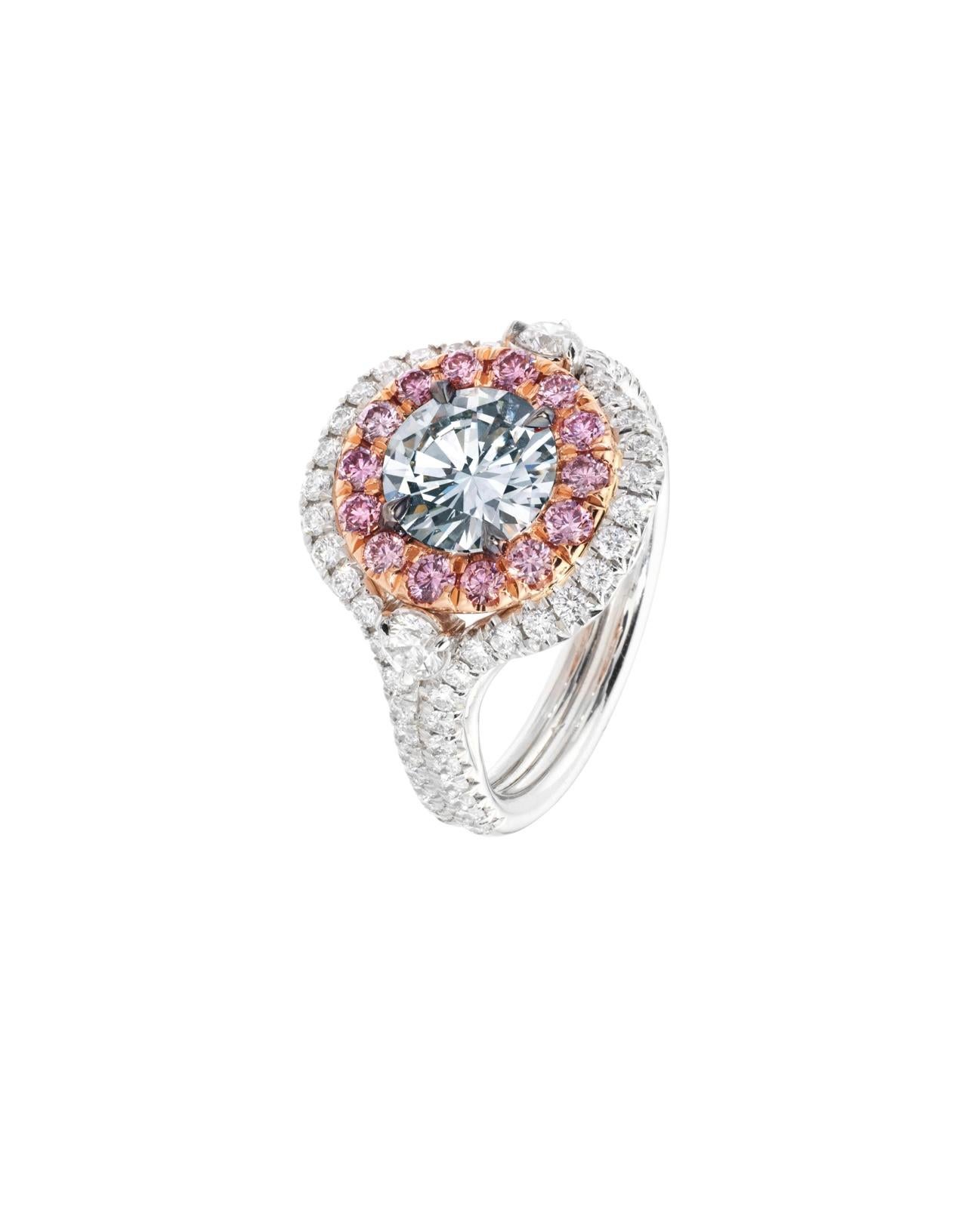 Contemporary Fancy Gray Blue Diamond and Pink Diamond Engagement Ring In Platinum, GIA. For Sale