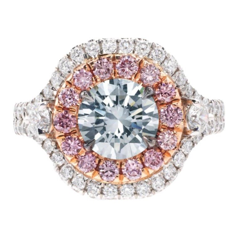 Anillo de compromiso de diamante azul grisáceo de fantasía y diamante rosa en platino, GIA.