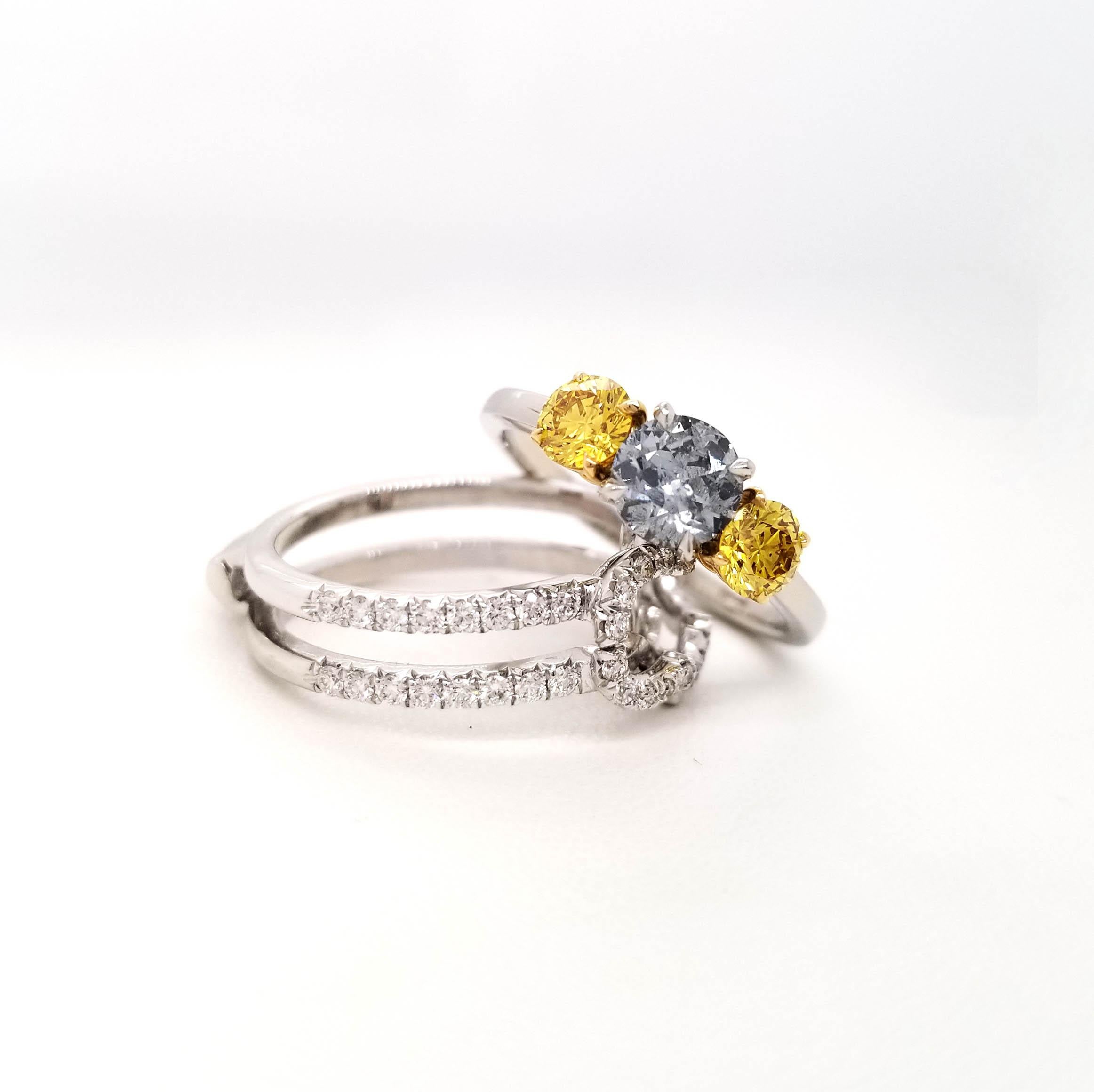 Fancy Gray-Blue and Vivid Yellow Diamonds Engagement Ring Jacket in Platinum GIA For Sale 3