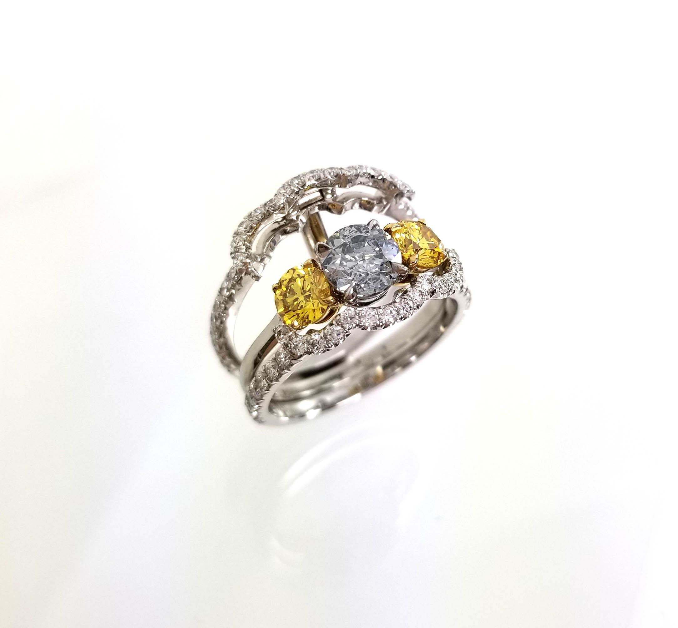 Round Cut Fancy Gray-Blue and Vivid Yellow Diamonds Engagement Ring Jacket in Platinum GIA For Sale