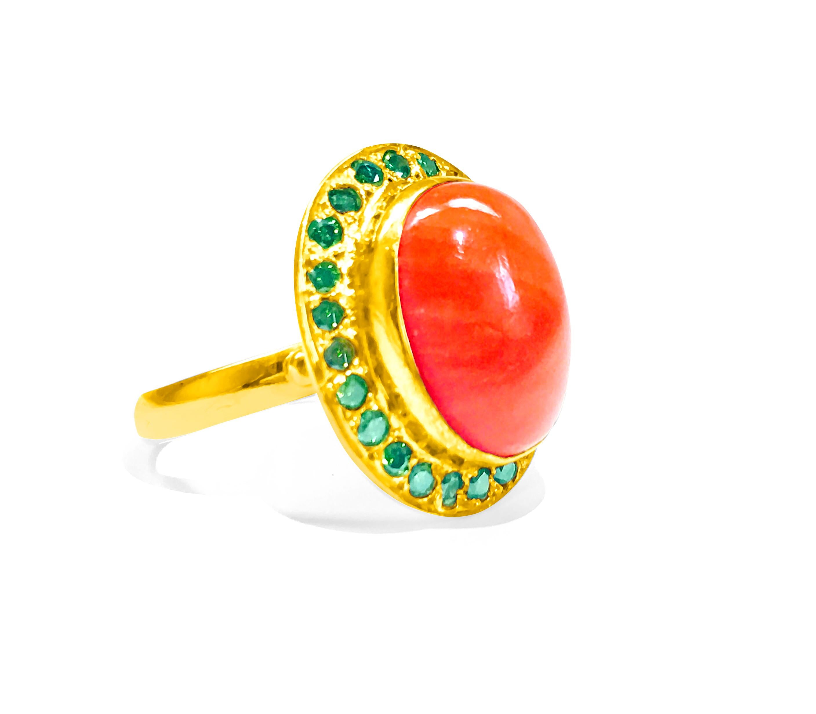 Empire Fancy Green Diamonds Coral Yellow Gold Ring For Sale