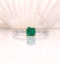 Fancy Green Emerald Ring w Earth Mined Diamonds in Solid 14k Gold Asscher 4mm