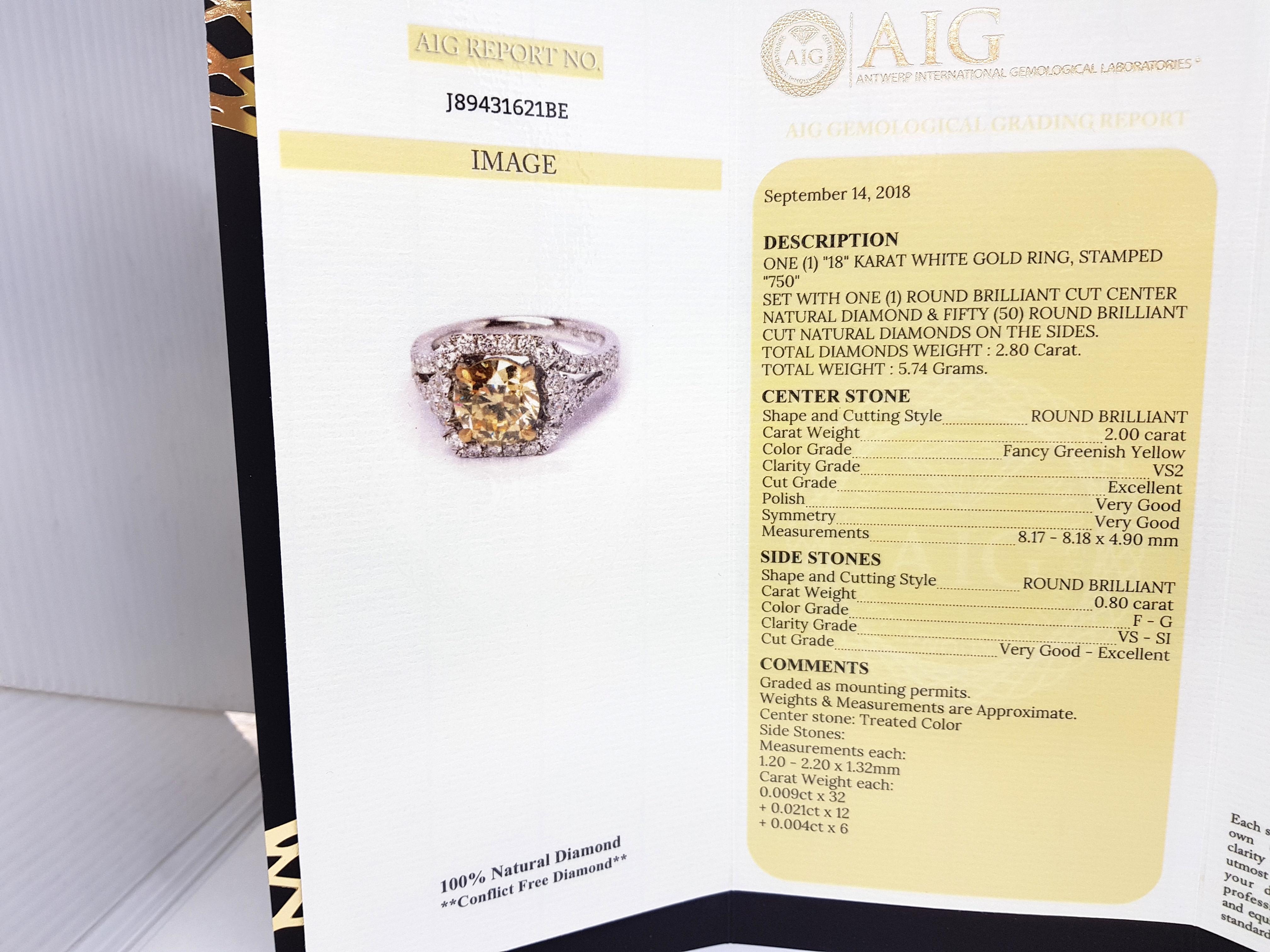 Fancy Greenish Yellow Diamond Engagement Bridal Wedding White Gold 18 Karat Ring For Sale 6