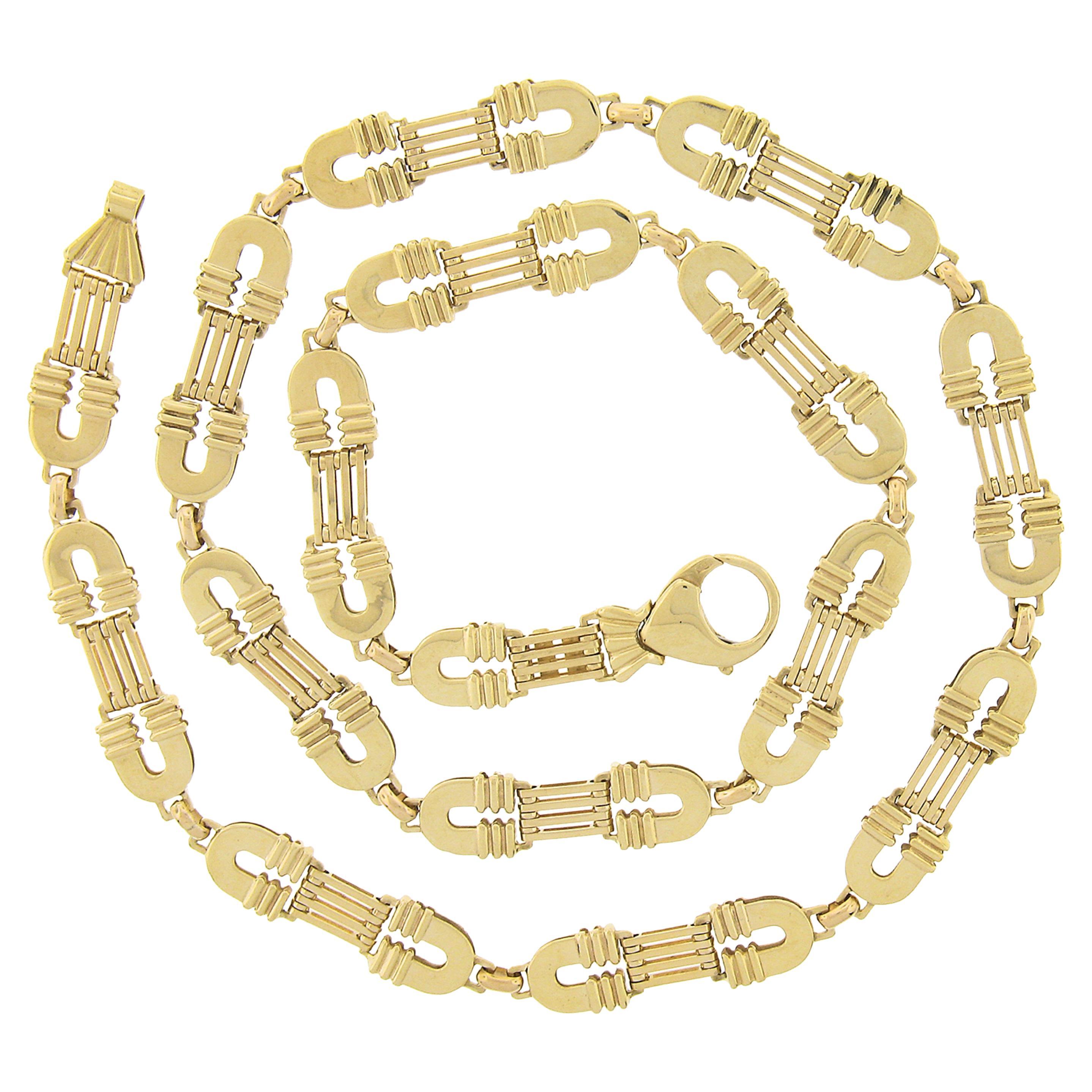 Fancy Handmade Italian 14K Gold 23.5" Polished Flexible Link Chain Necklace For Sale