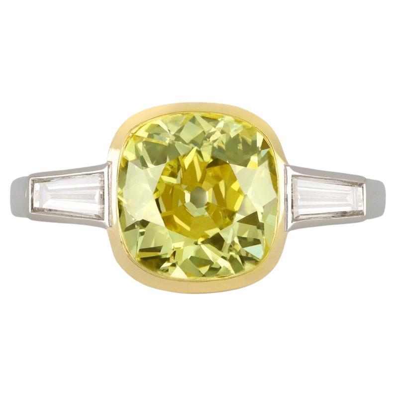 Fancy Intense 2.39 Carat Yellow Diamond Flanked Solitaire Ring, circa 1950 For Sale