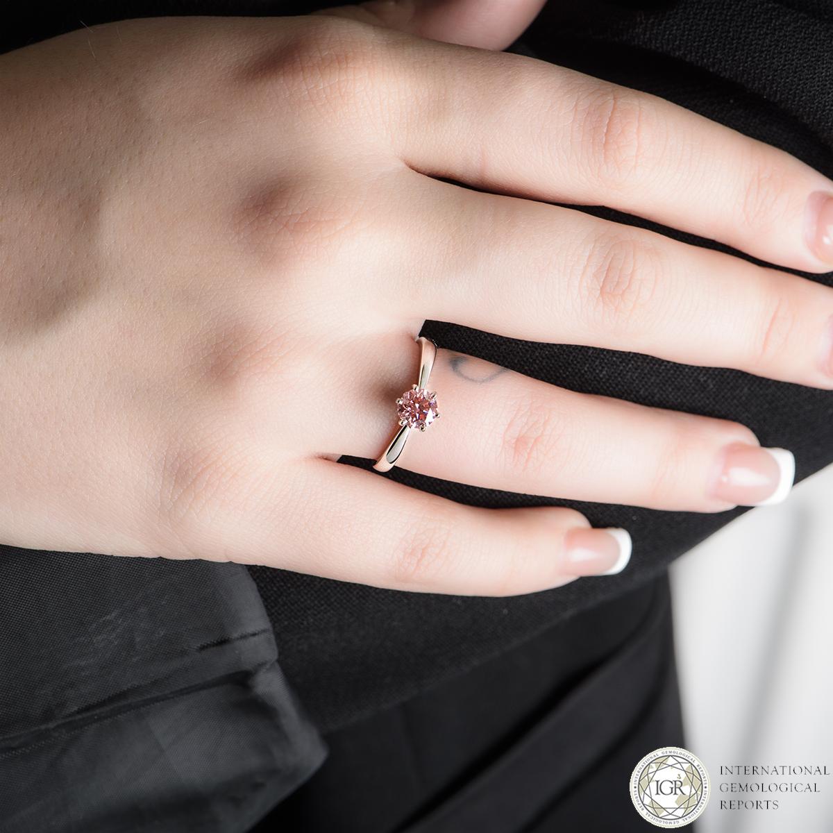 Round Cut IGR Certified Fancy Intense Enhanced Pink Diamond Ring 0.66 Carat For Sale