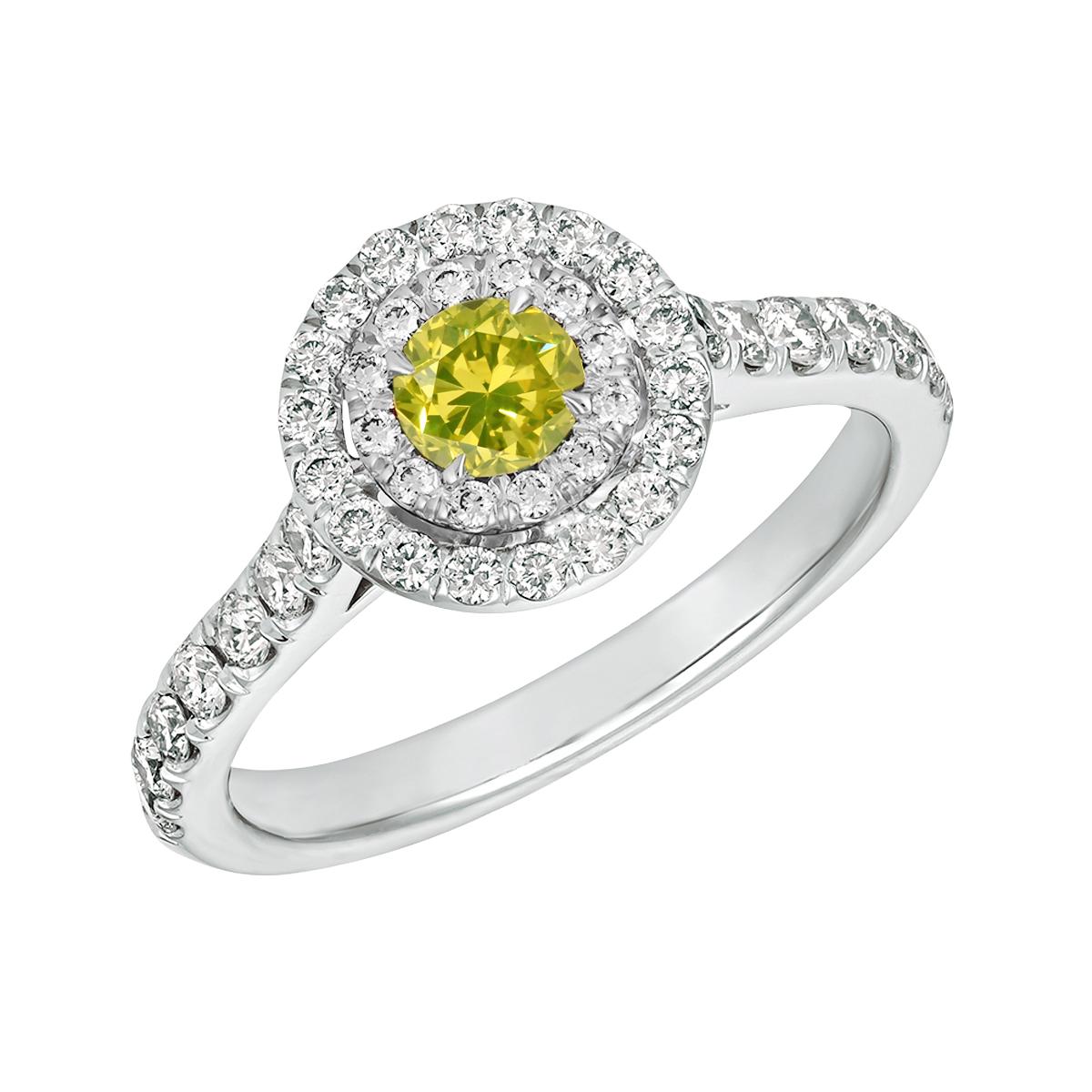 Fancy Intense Green Yellow 0.53 carat Round cut. Treated color.
GIA certificate 2235091885.
Centering white diamond on white 18K gold ring.


Fancy Intense Green Yellow
Dimensions: 5.13 - 5.29 x 3.16 mm.

Can be size upon request. About 10 days