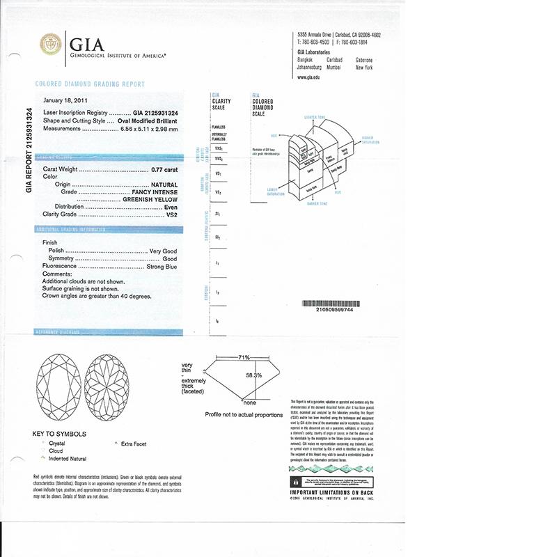 Oval Cut Fancy Intense Greenish-Yellow .77ct. conflict free Oval GIA Cert. Diamond Halo For Sale