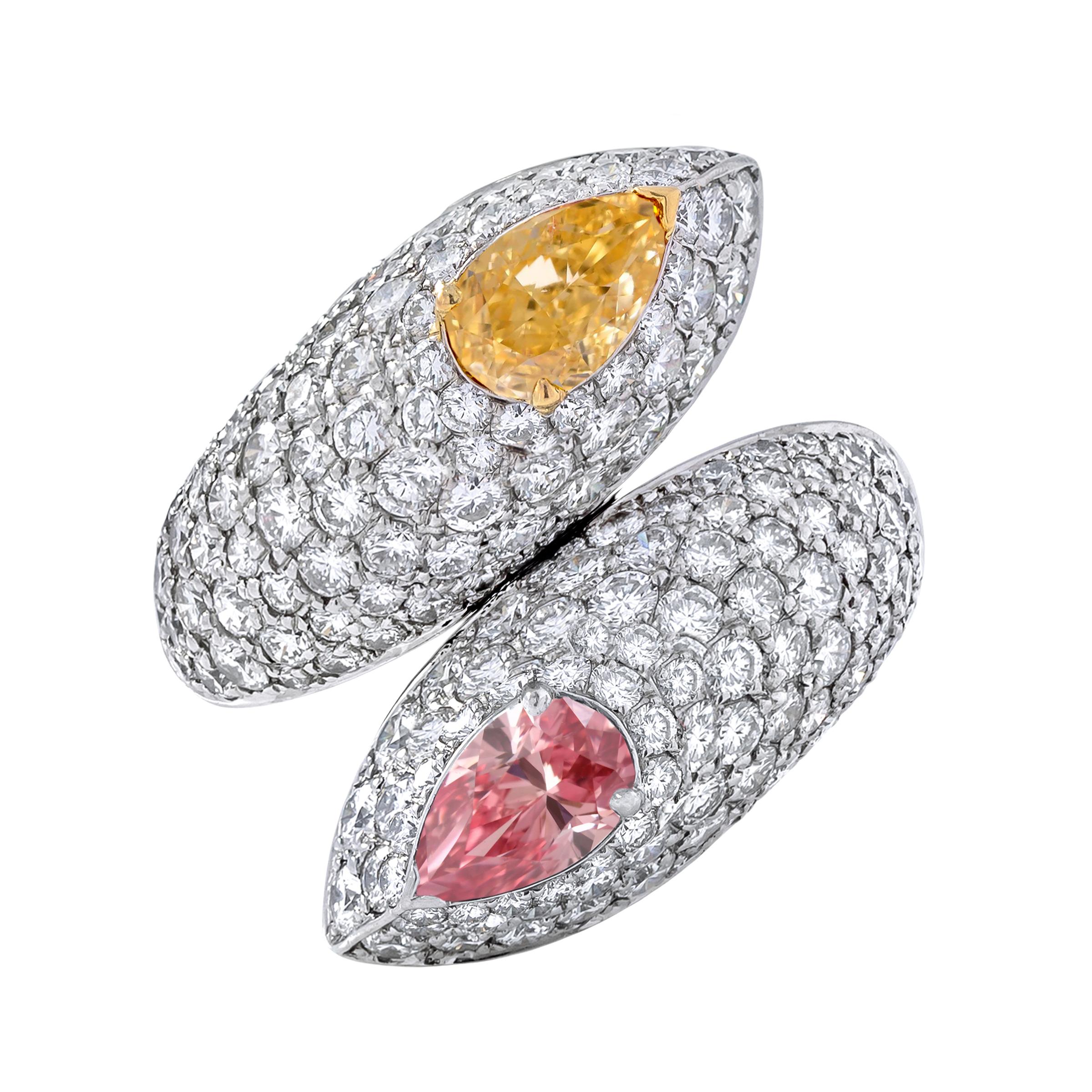 Pear Cut Fancy Intense Pink and Orange Diamonds 18K Gold Crossover Ring For Sale