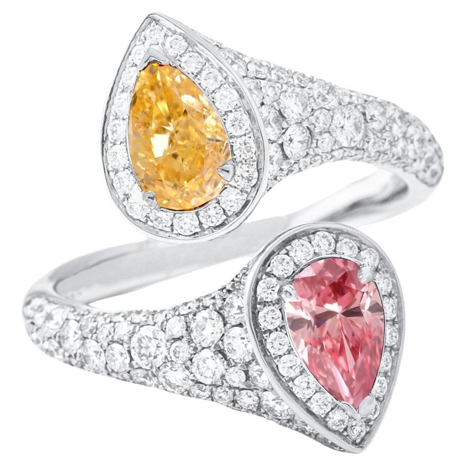Fancy Intense Pink and Orange Diamonds 18K Gold Crossover Ring For Sale
