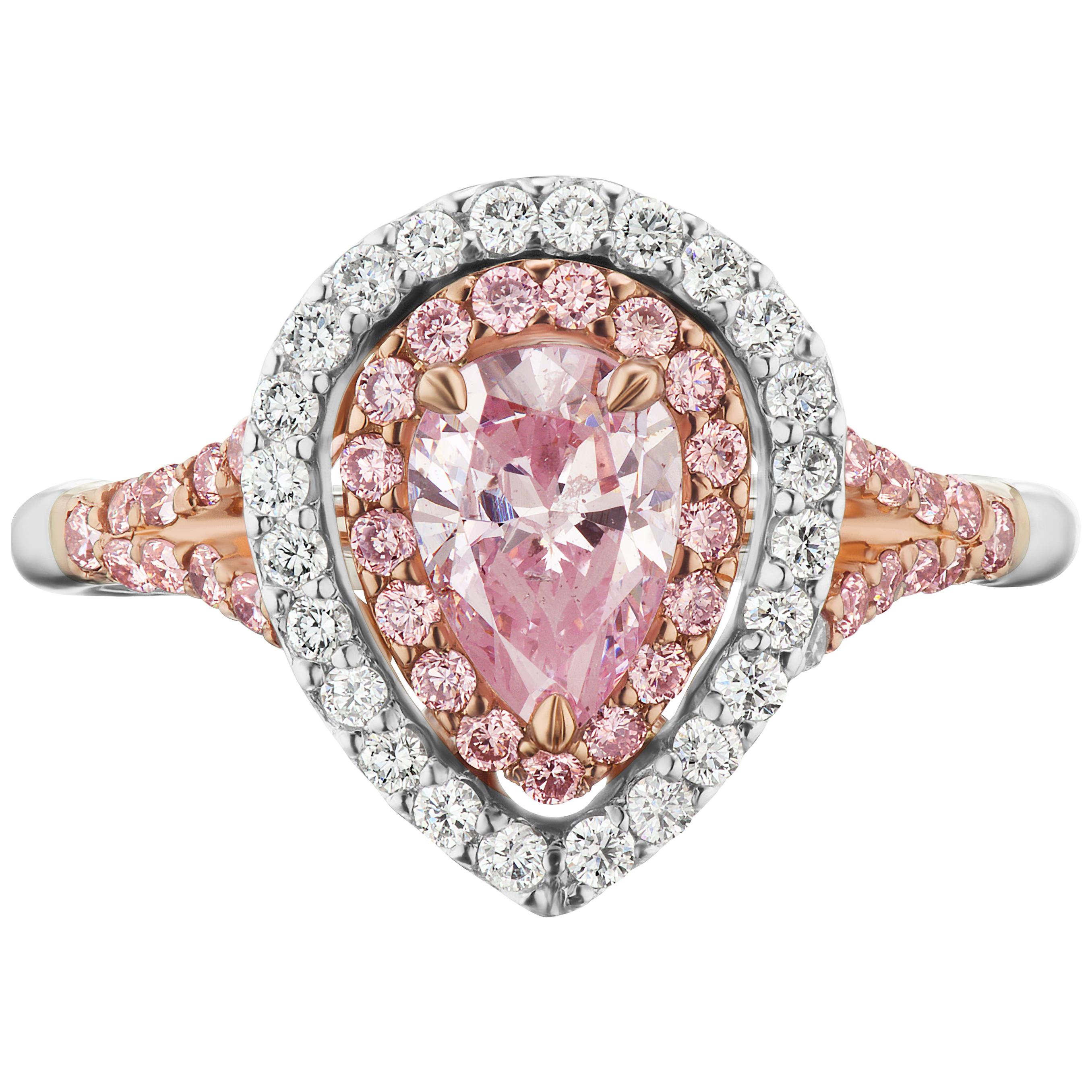 Fancy Intense Purple-Pink .81ct Pear Diamond GIA Cert. Halo Ring For Sale