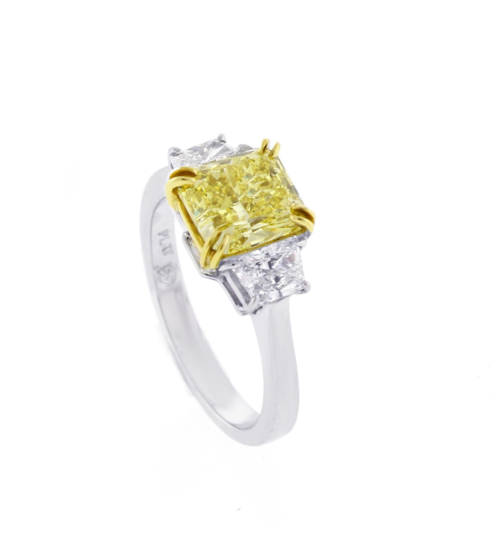 Radiant Cut Fancy Intense Yellow 1.74 Carat Radiant Diamond Three-Stone Ring from Pampillona