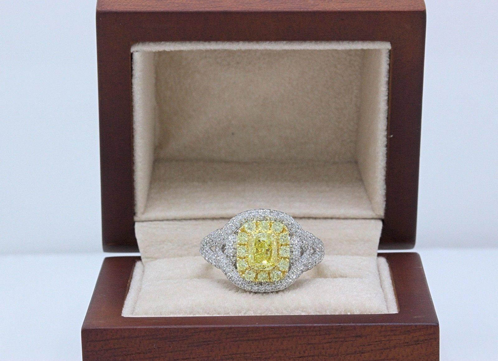Radiant Cut Fancy Intense Yellow 2.33 Carat Diamond Engagement Ring in Platinum with GIA