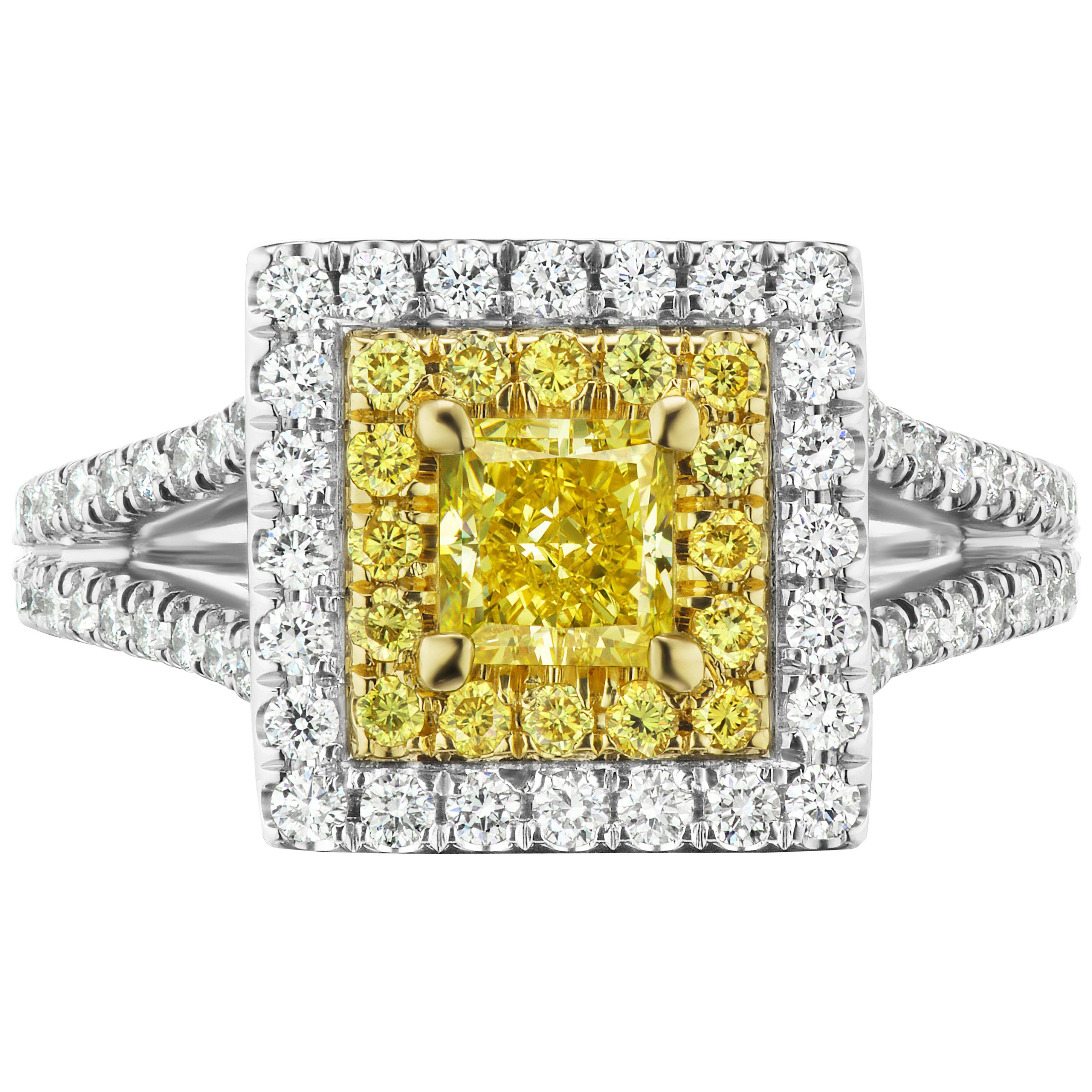 Fancy Intense Yellow .60ct Princess Cut Conflict Free GIA Diamond Plat & 18kt.  For Sale