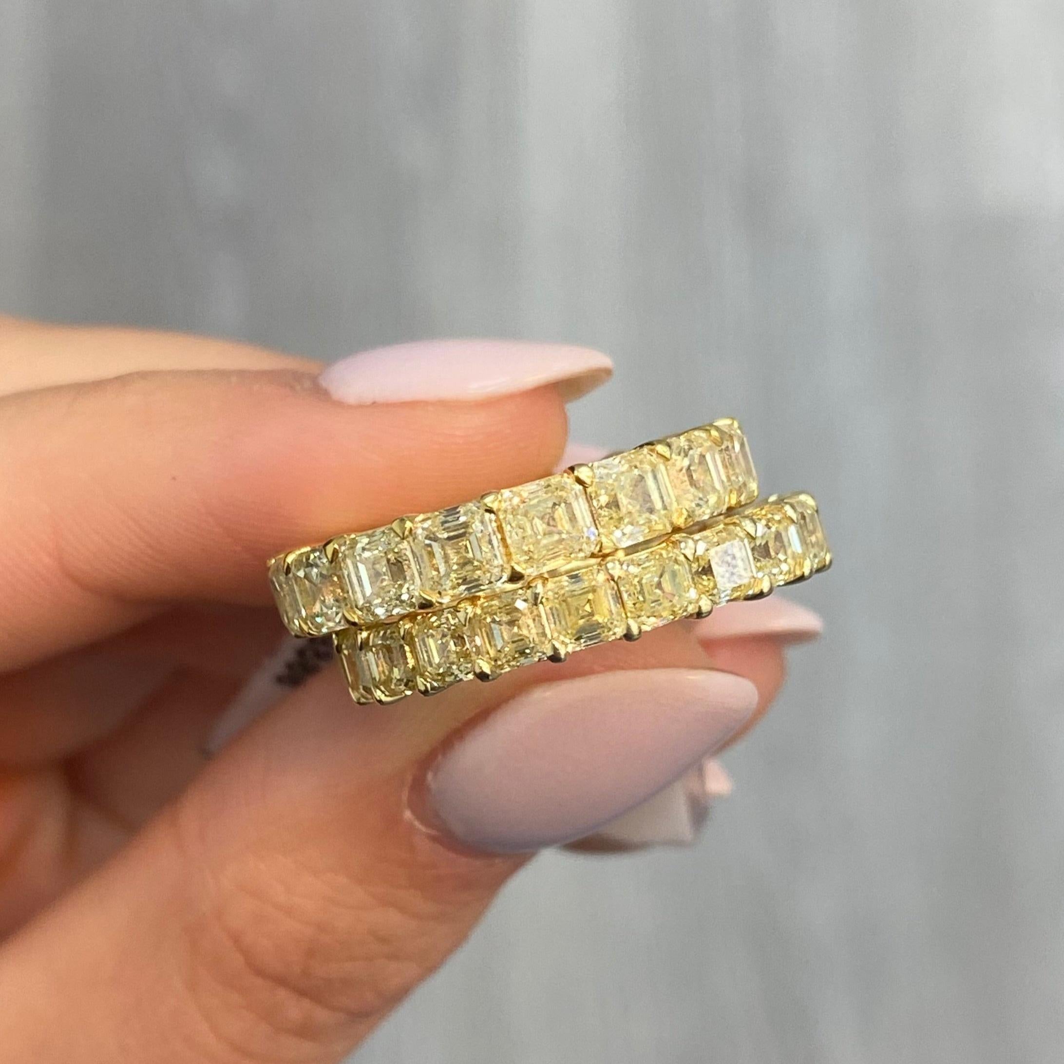 4.90 Carats Total 
Fancy Intense Yellow Diamonds
Asscher Cut Diamonds
VS-VVS Clarity
Eternity Band
Size 6 currently available, any size can be created in the matter of weeks 
Crafted in 18k Yellow Gold 
Handmade in NYC 

This piece can be viewed
