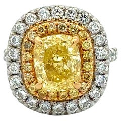 Ausgefallener intensiv gelber Cushion-Diamant GIA Platin Statement-Ring