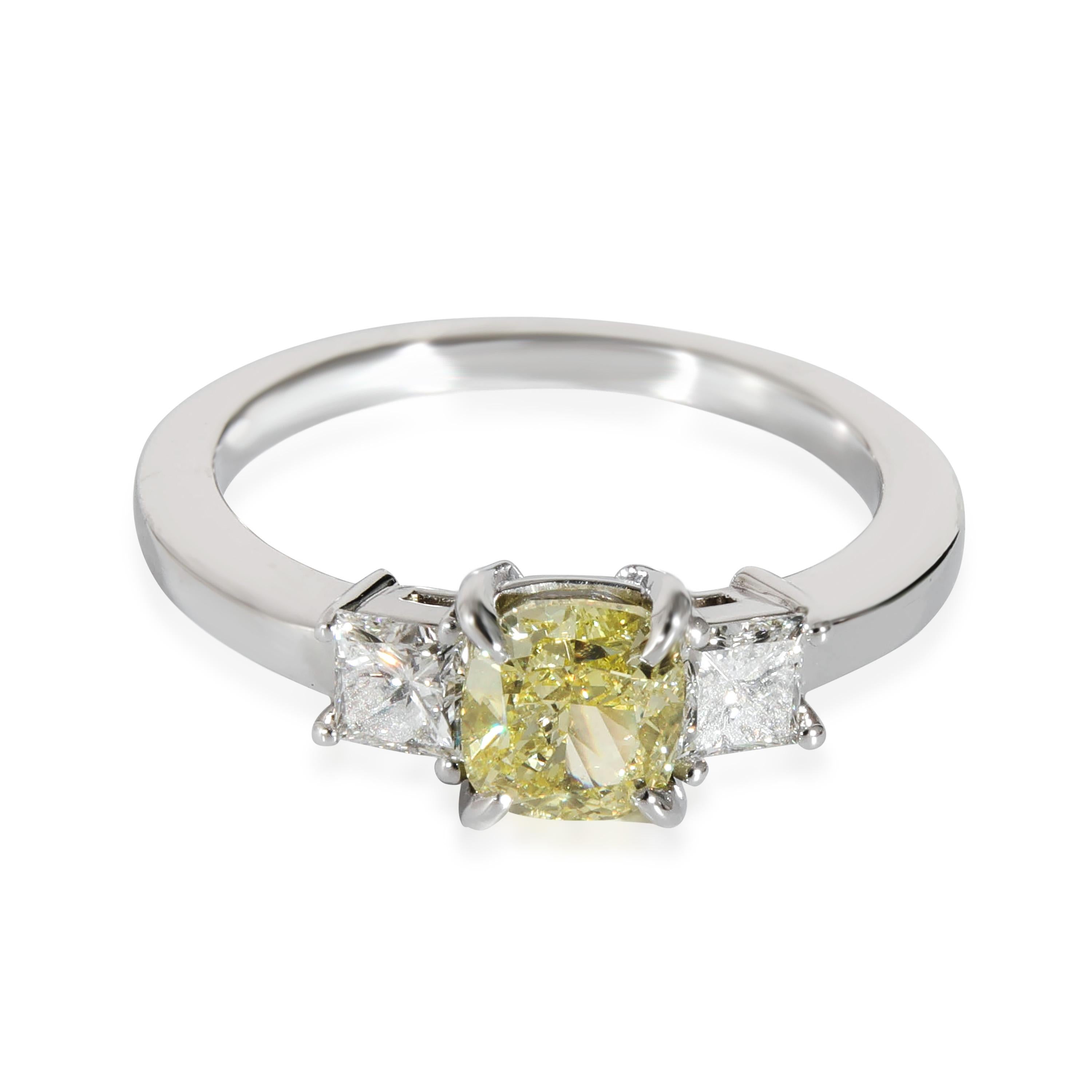 Fancy Intense Yellow Cushion Engagement Ring in Platinum VS1 1.31 CTW In Excellent Condition For Sale In New York, NY