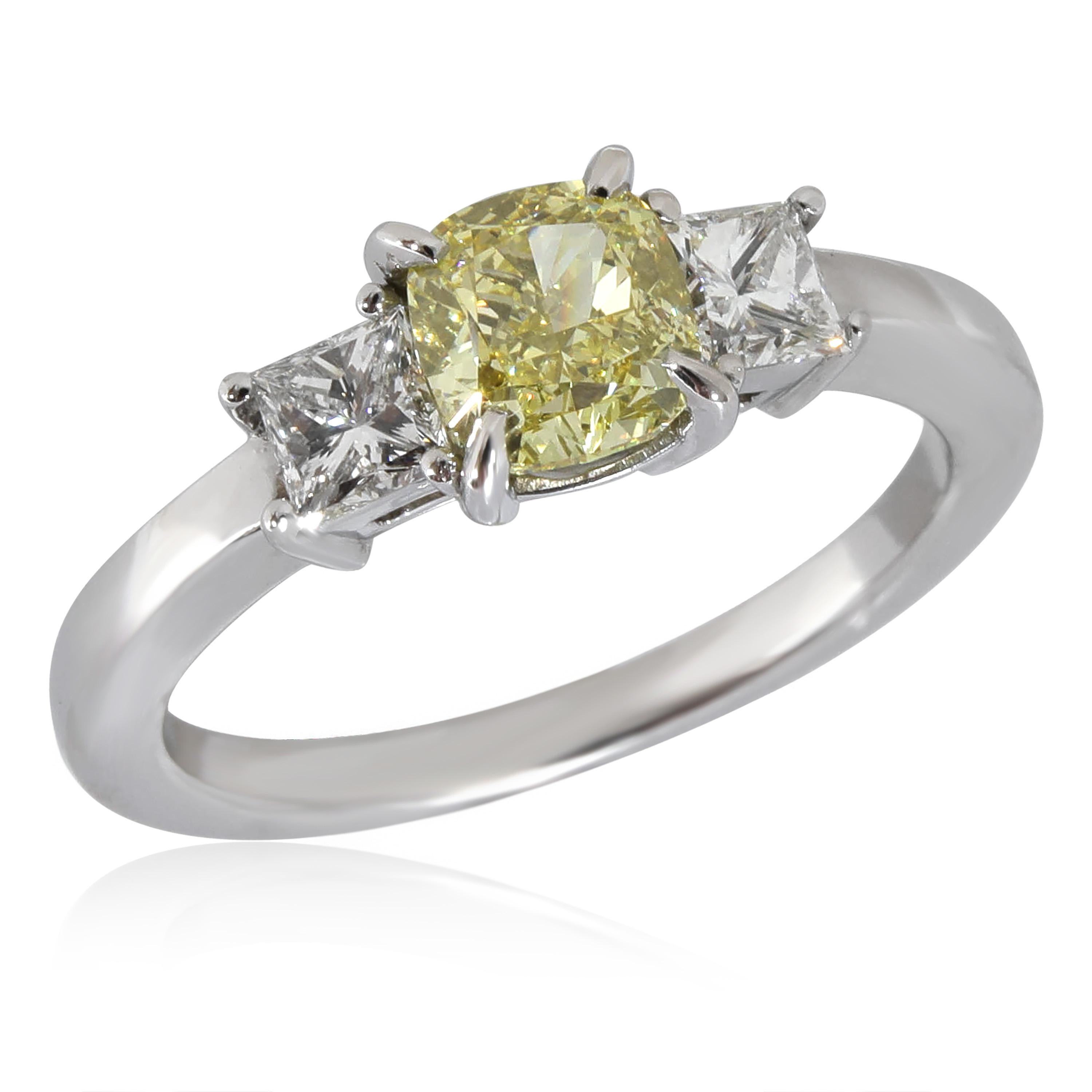 Women's Fancy Intense Yellow Cushion Engagement Ring in Platinum VS1 1.31 CTW For Sale