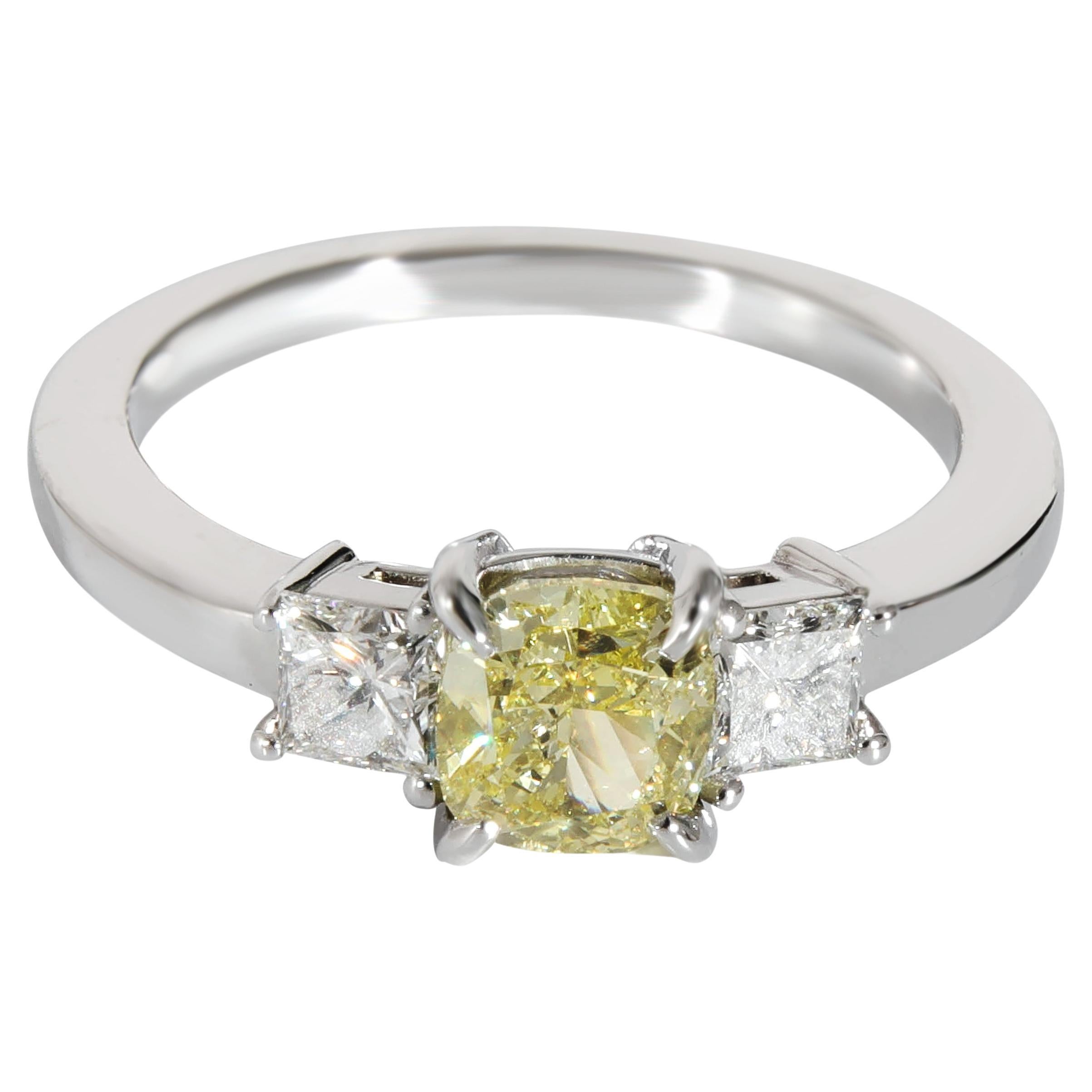 Fancy Intense Yellow Cushion Engagement Ring in Platinum VS1 1.31 CTW For Sale