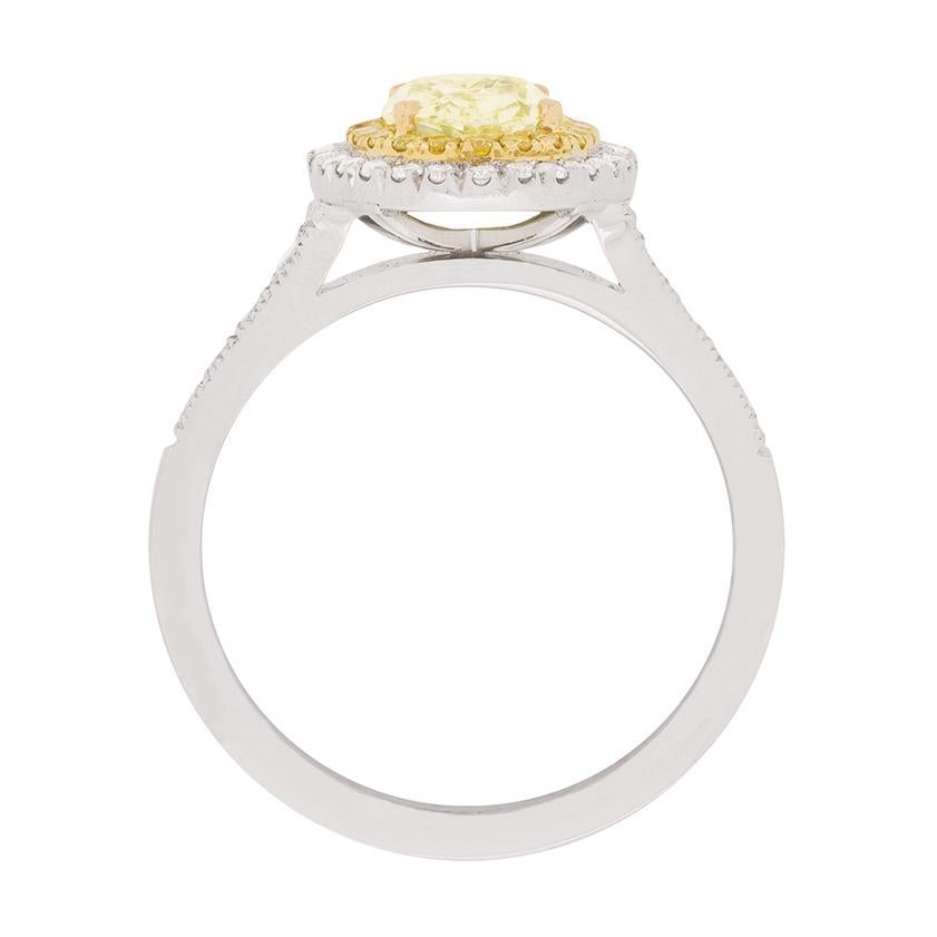 Although modern, this is a second hand ring. It features a beautiful yellow diamond which has been certified by GIA. It is a fancy intense yellow with a clarity grade of VS1. It has been expertly claw set within a halo of fancy yellow diamonds which