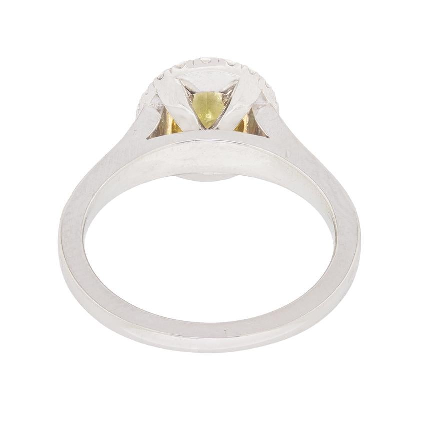 Bague à double halo de diamants jaunes intenses de fantaisie Bon état - En vente à London, GB