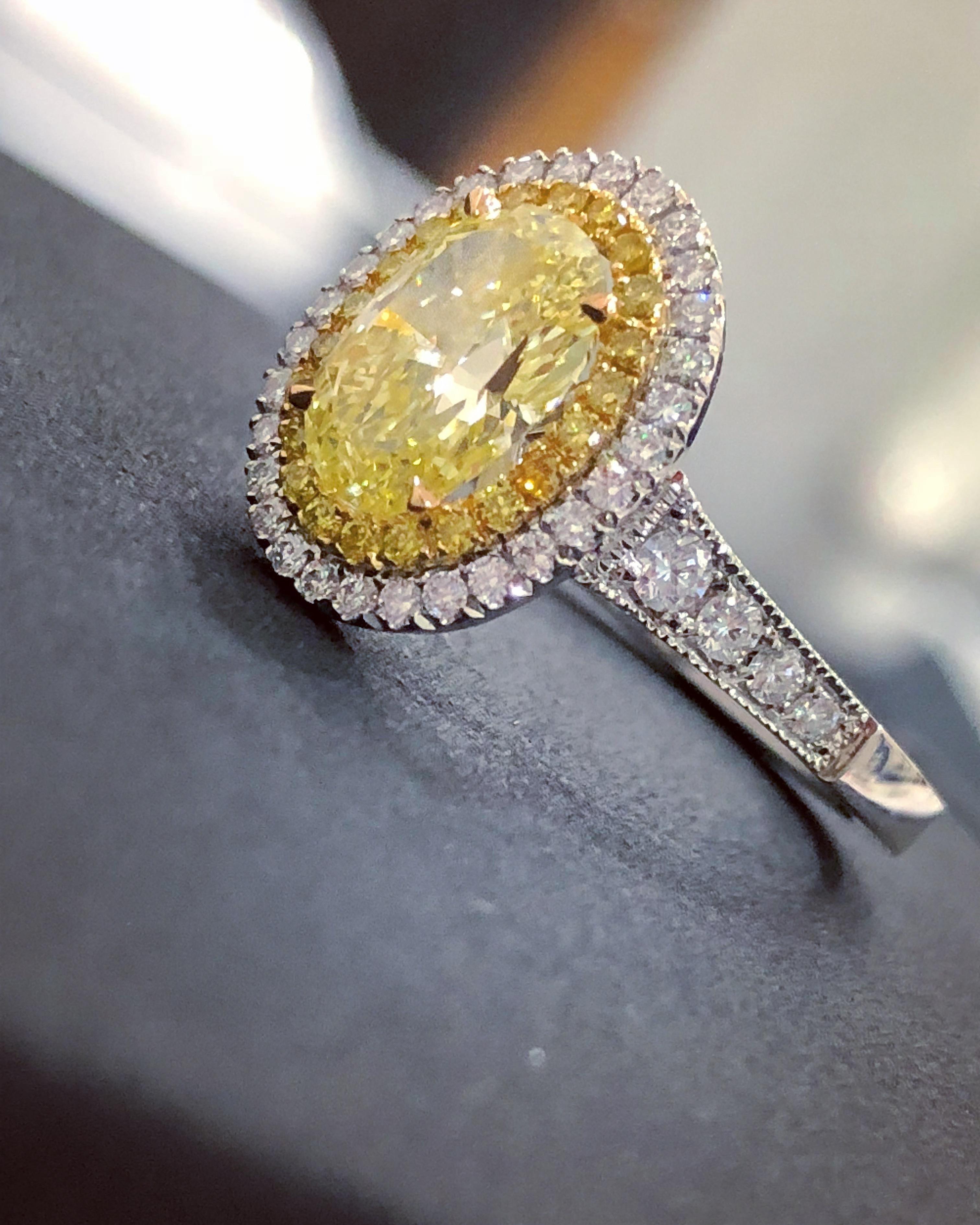 Fancy Intense Yellow Diamond Double Halo Ring For Sale 2