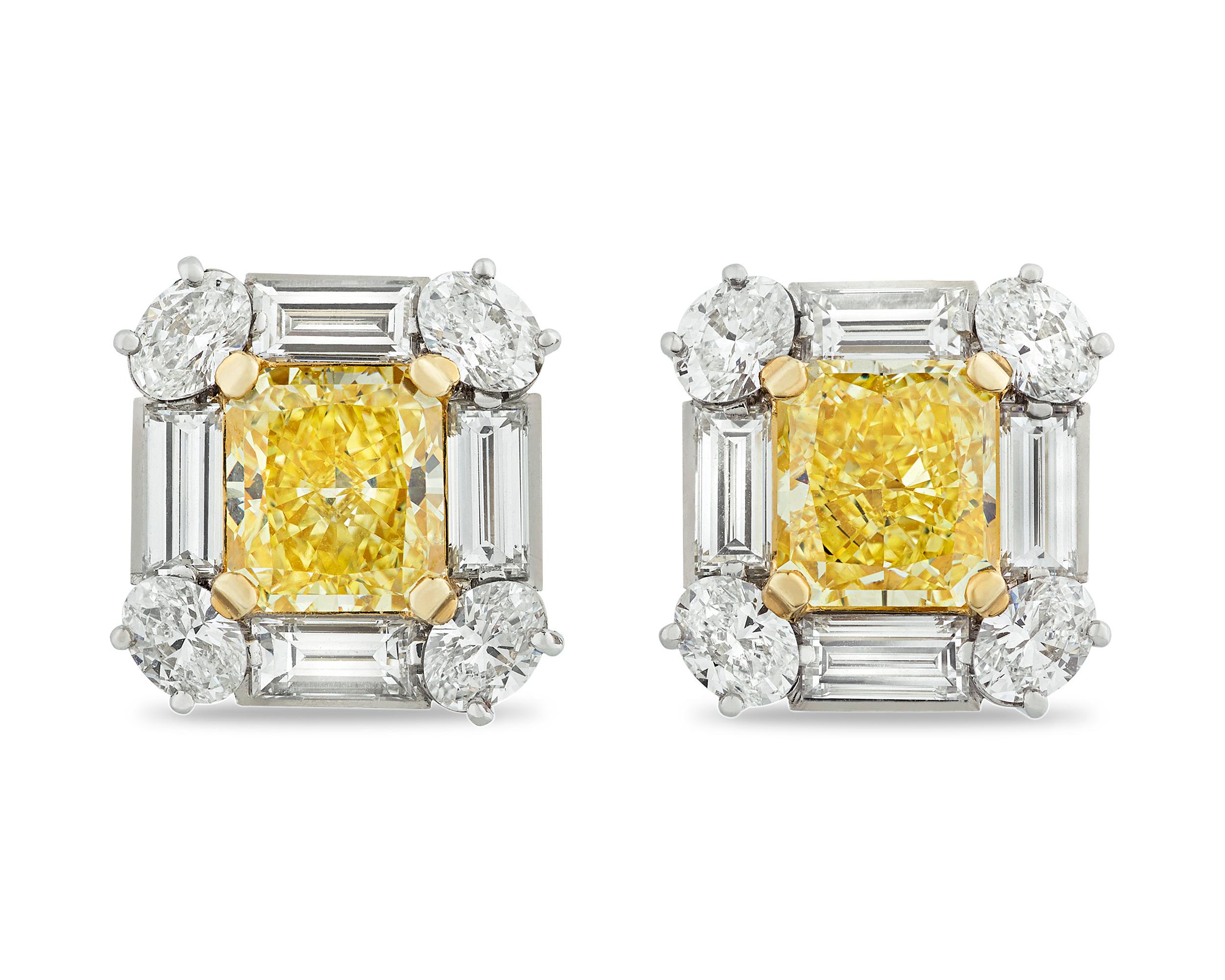 Contemporary Fancy Intense Yellow Diamond Earrings, 4.18 Carat