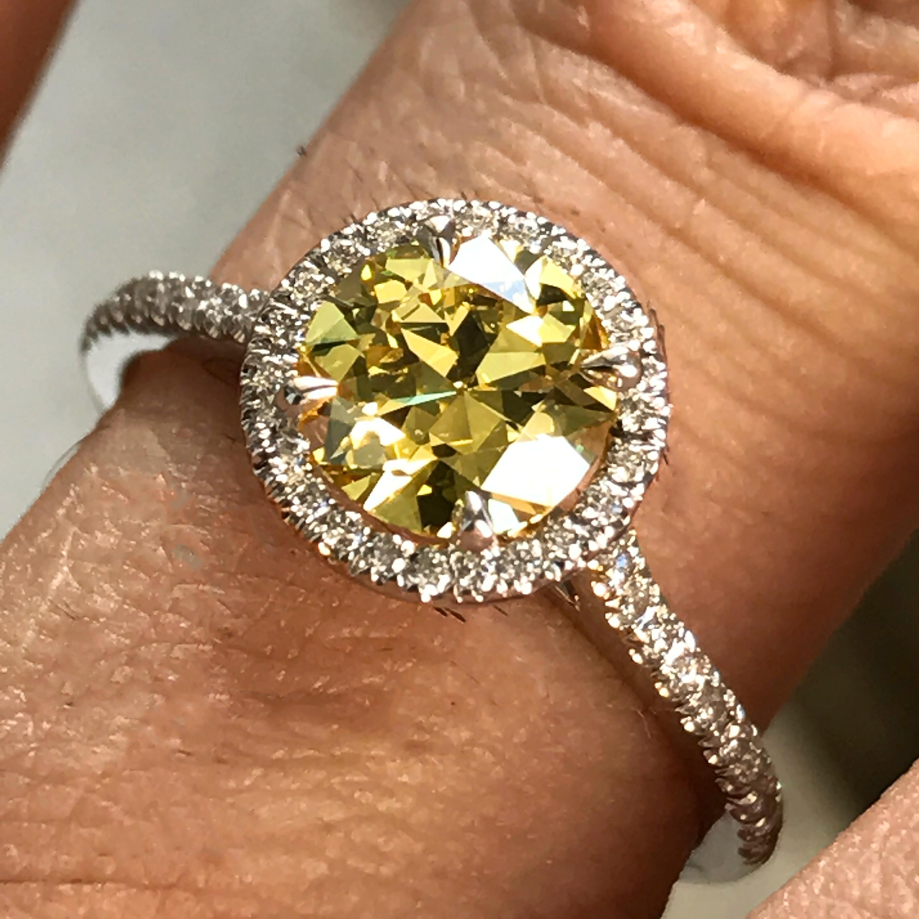 Round Cut Fancy Intense Yellow Diamond Engagement Ring 1.02 GIA Certified Diamond Halo For Sale