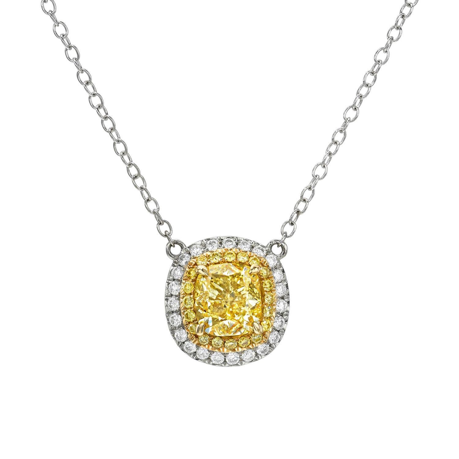 Cushion Cut Platinum & 18K Yellow Gold Necklace with 1.72 Carat Fancy Intense Yellow Diamond For Sale