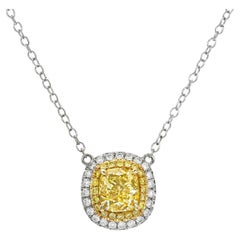 Fancy Intense Yellow Diamond  Necklace 1.72 Carat Cushion GIA