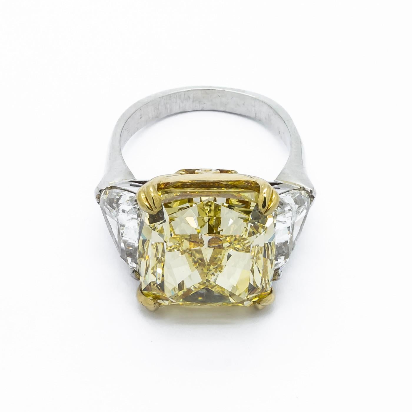 Cushion Cut Fancy Intense Yellow Diamond Ring, Platinum and Gold, 14.51 Carats
