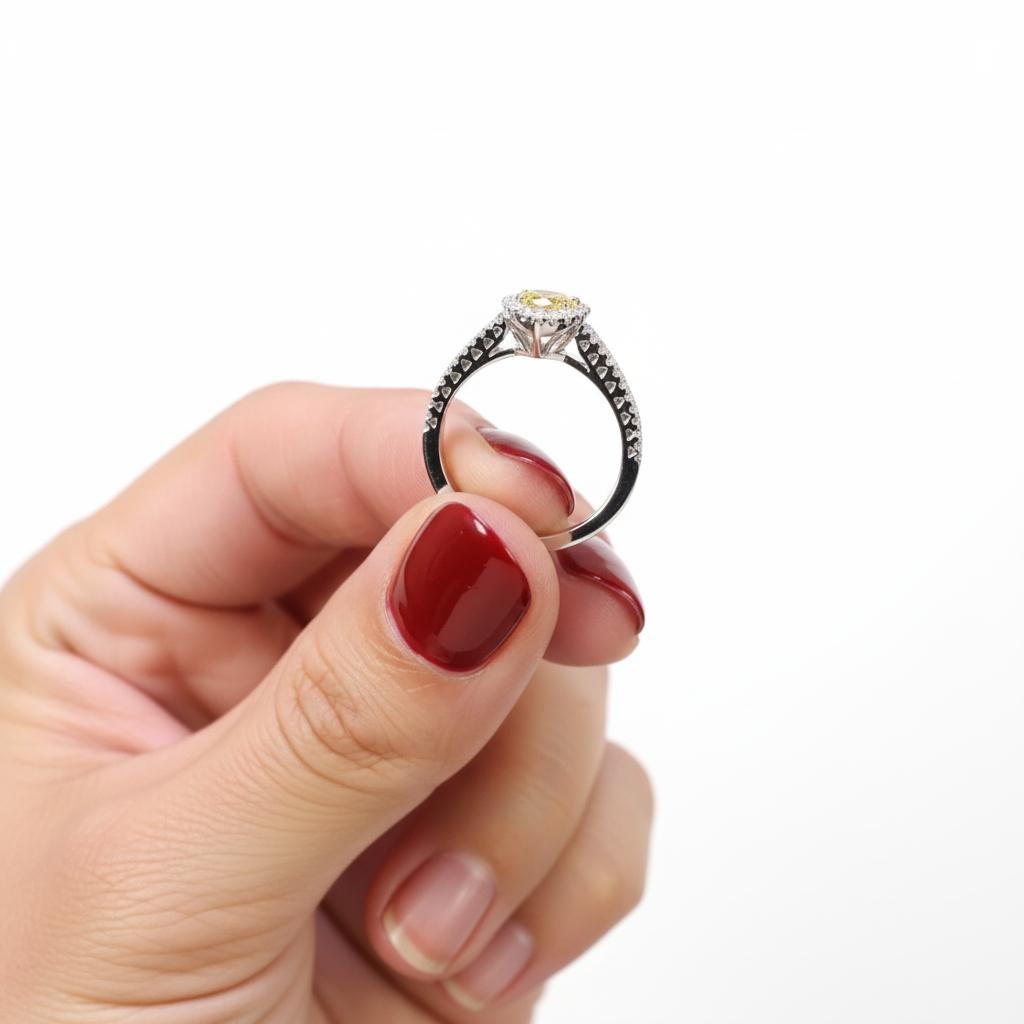 Contemporain Bague en or blanc 18K avec halo de diamants en forme de cœur d'un jaune intense fantaisie en vente