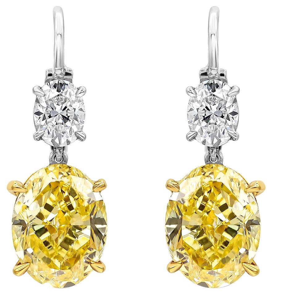 Roman Malakov, Fancy Intense Yellow Oval Cut Diamond Drop Earrings