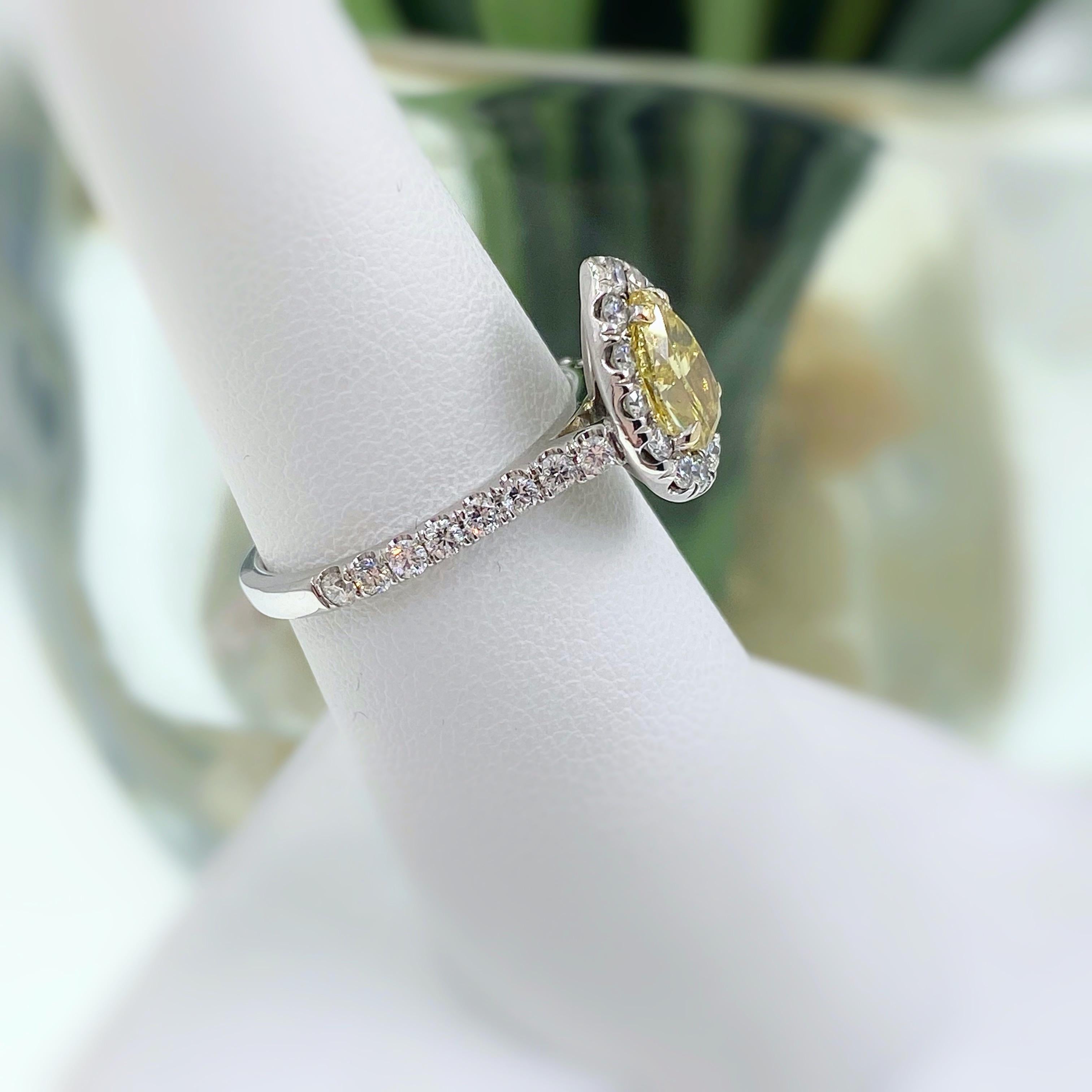 Pear Cut Fancy Intense Yellow Pear Shape Diamond Halo Ring 1.60 Carat 14 Karat GIA