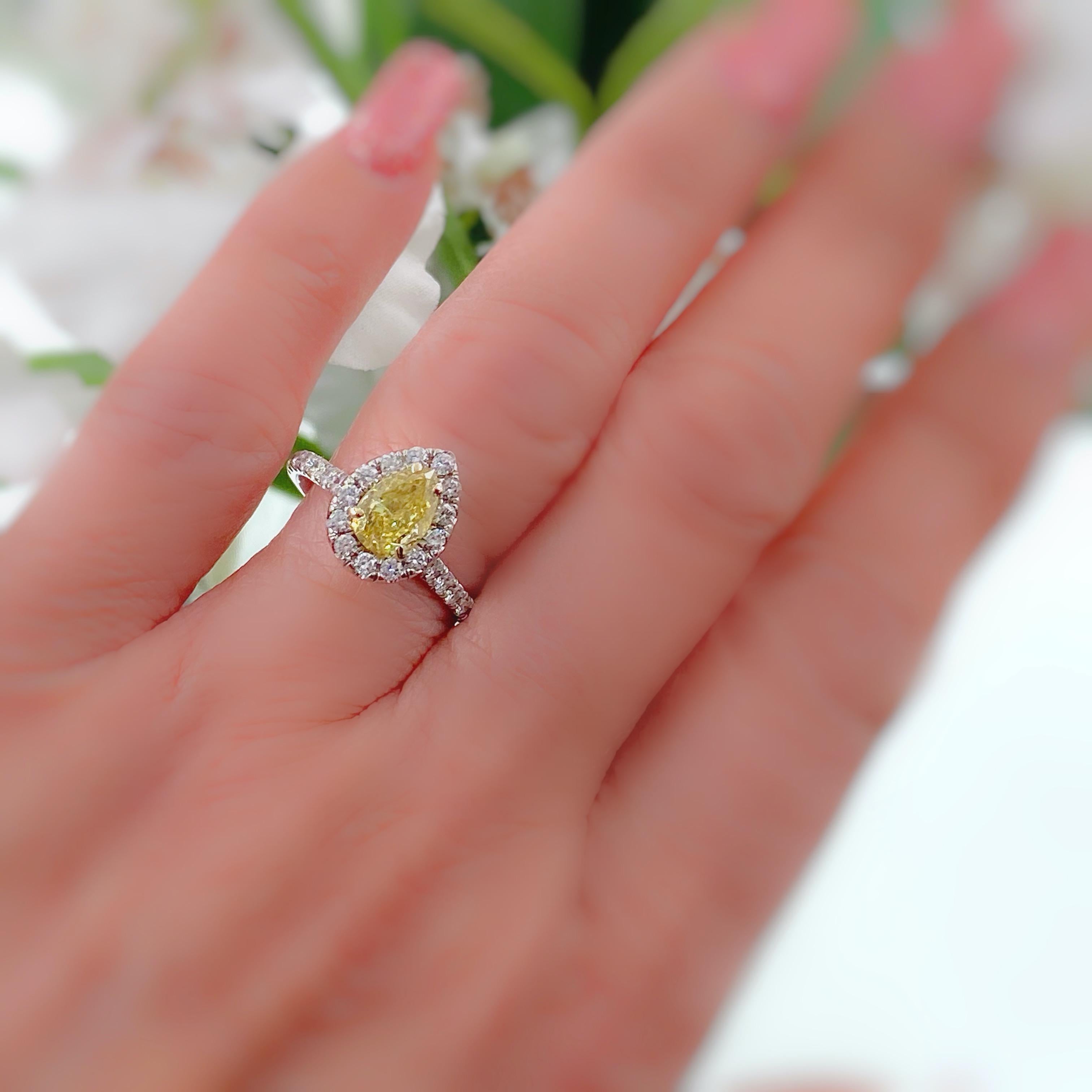 Fancy Intense Yellow Pear Shape Diamond Halo Ring 1.60 Carat 14 Karat GIA In Excellent Condition In San Diego, CA