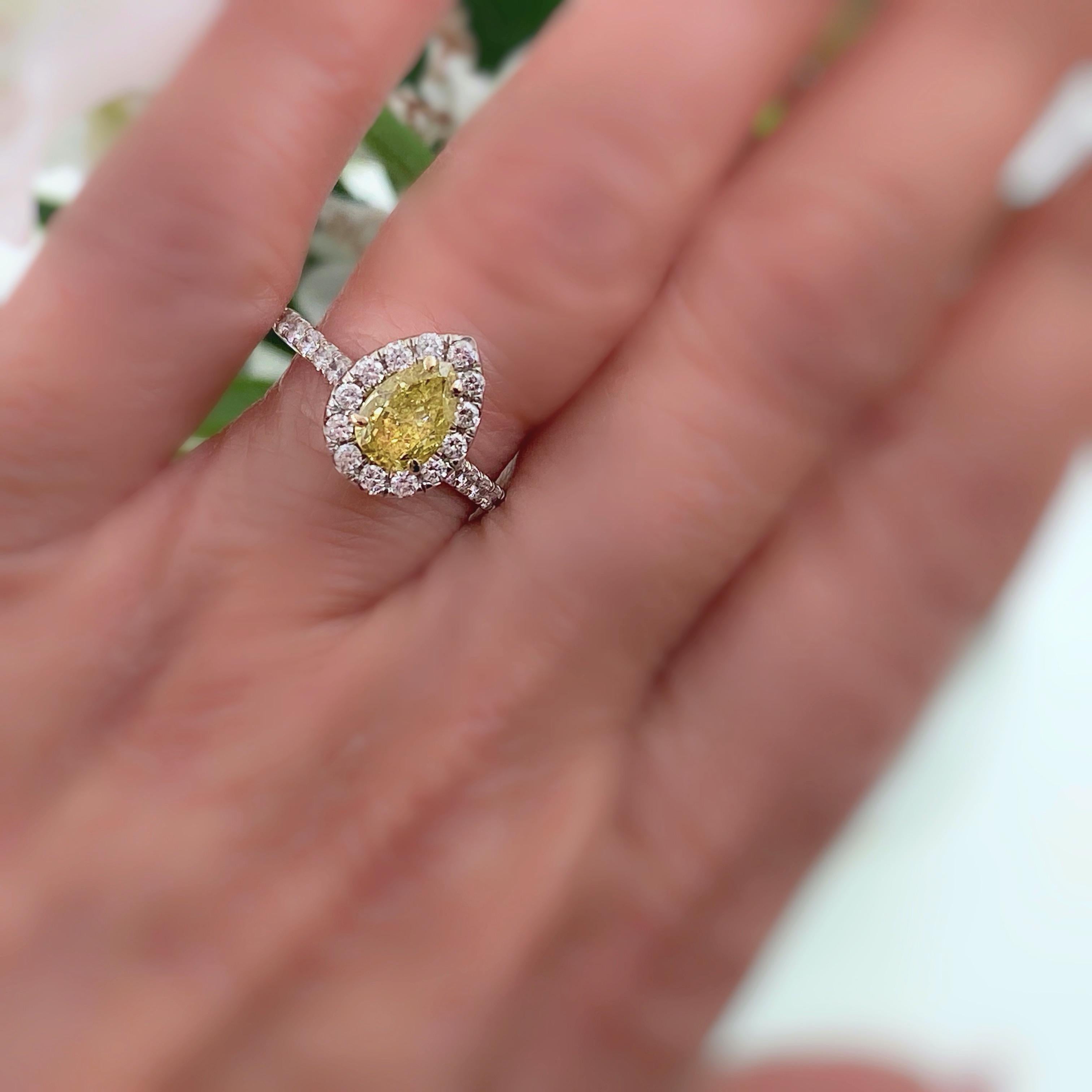 Women's or Men's Fancy Intense Yellow Pear Shape Diamond Halo Ring 1.60 Carat 14 Karat GIA