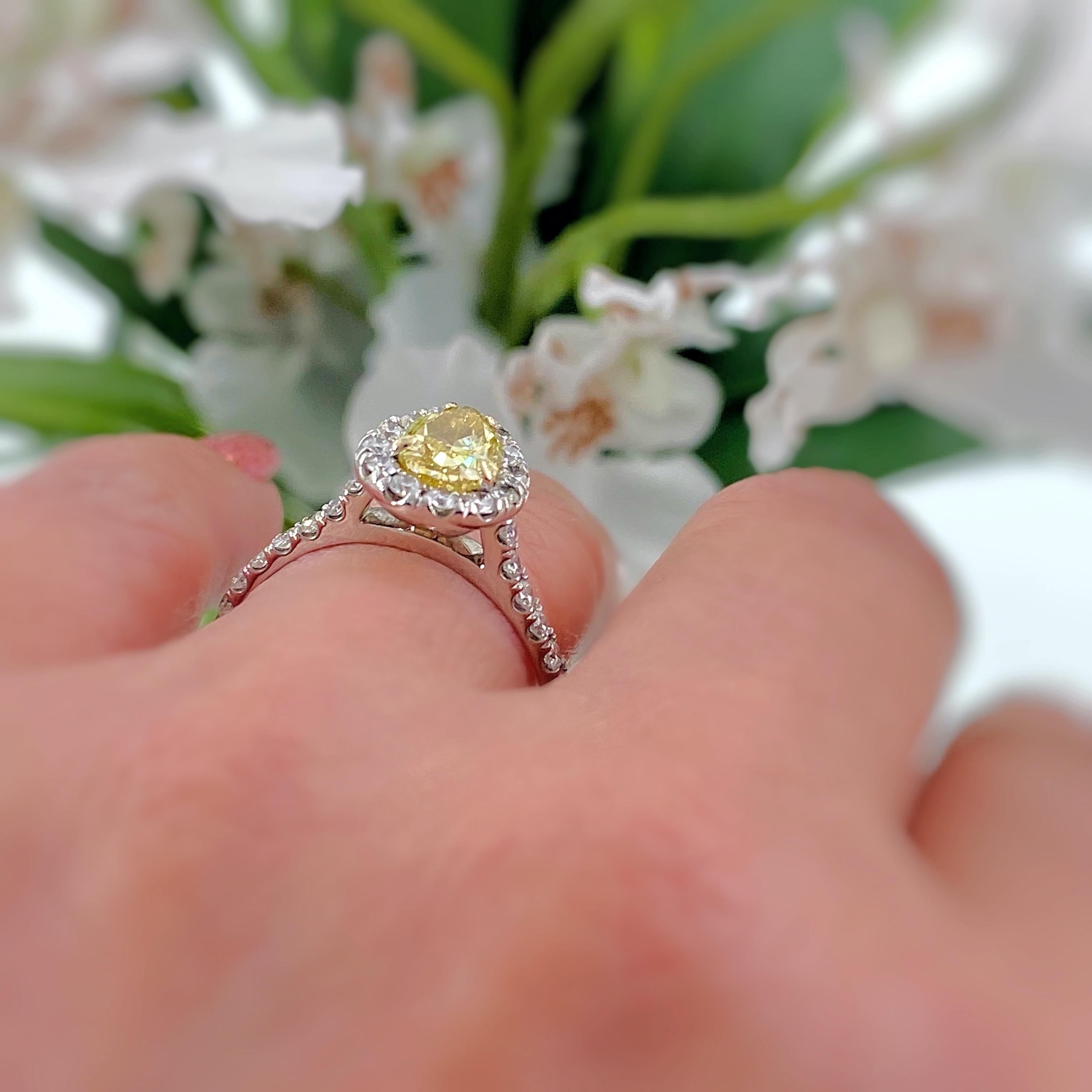 Fancy Intense Yellow Pear Shape Diamond Halo Ring 1.60 Carat 14 Karat GIA 1