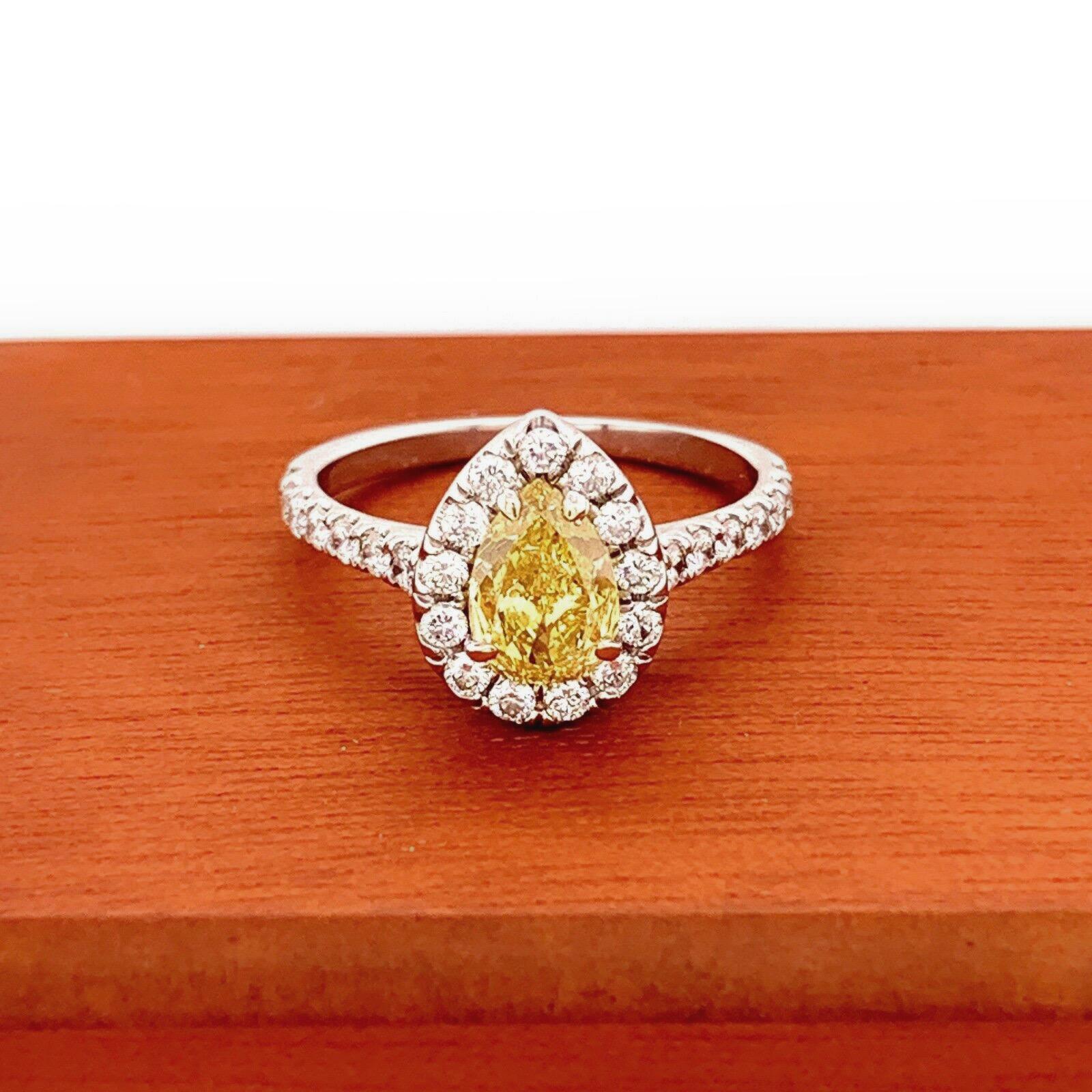 Fancy Intense Yellow Pear Shape Diamond Halo Ring 1.60 Carat 14 Karat GIA 2